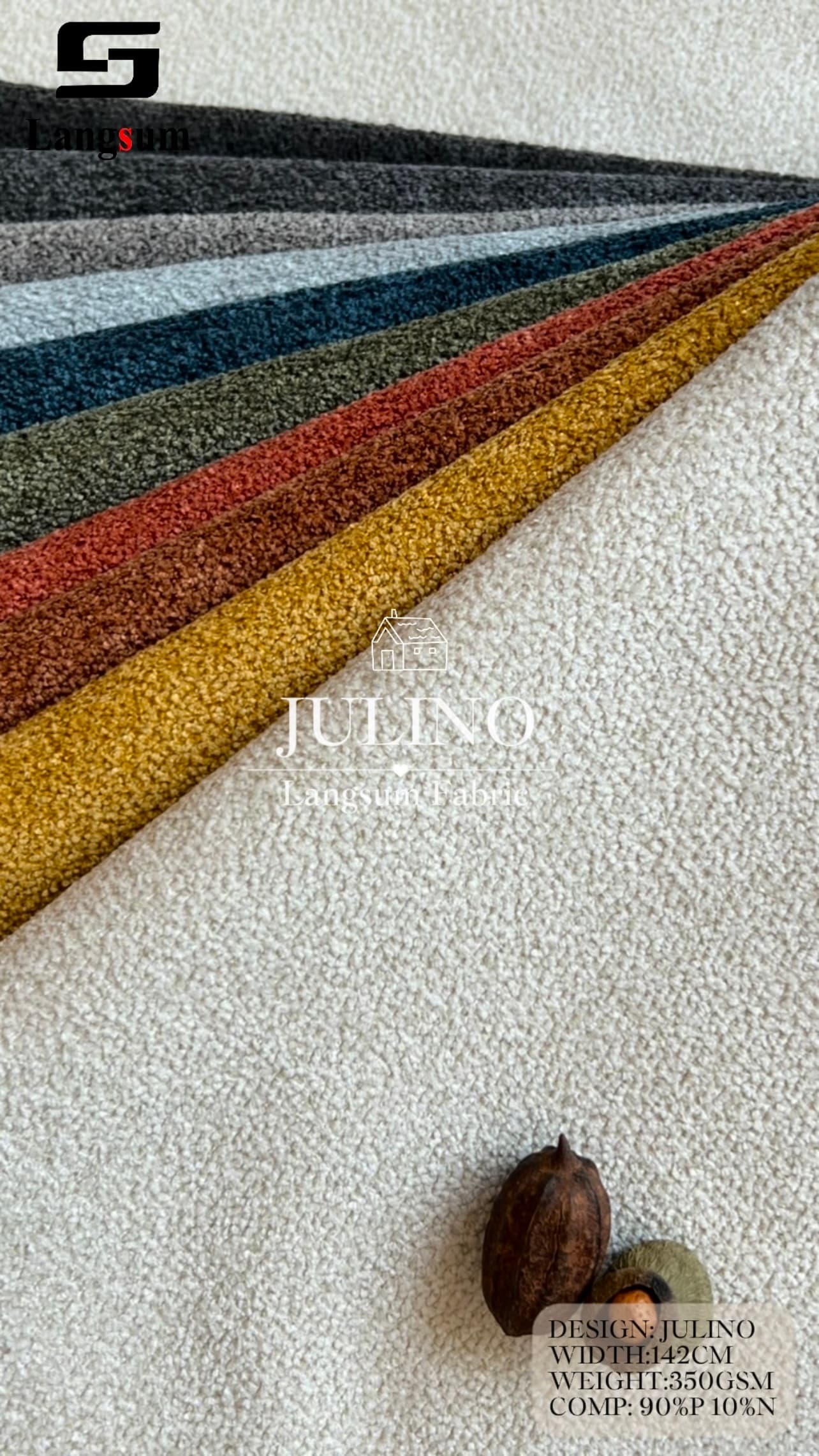 JULINO Boucle Fabric Polyester Upholstery Fabric – 350gsm, 56" Wide, 20 Colors Langsum Fabric