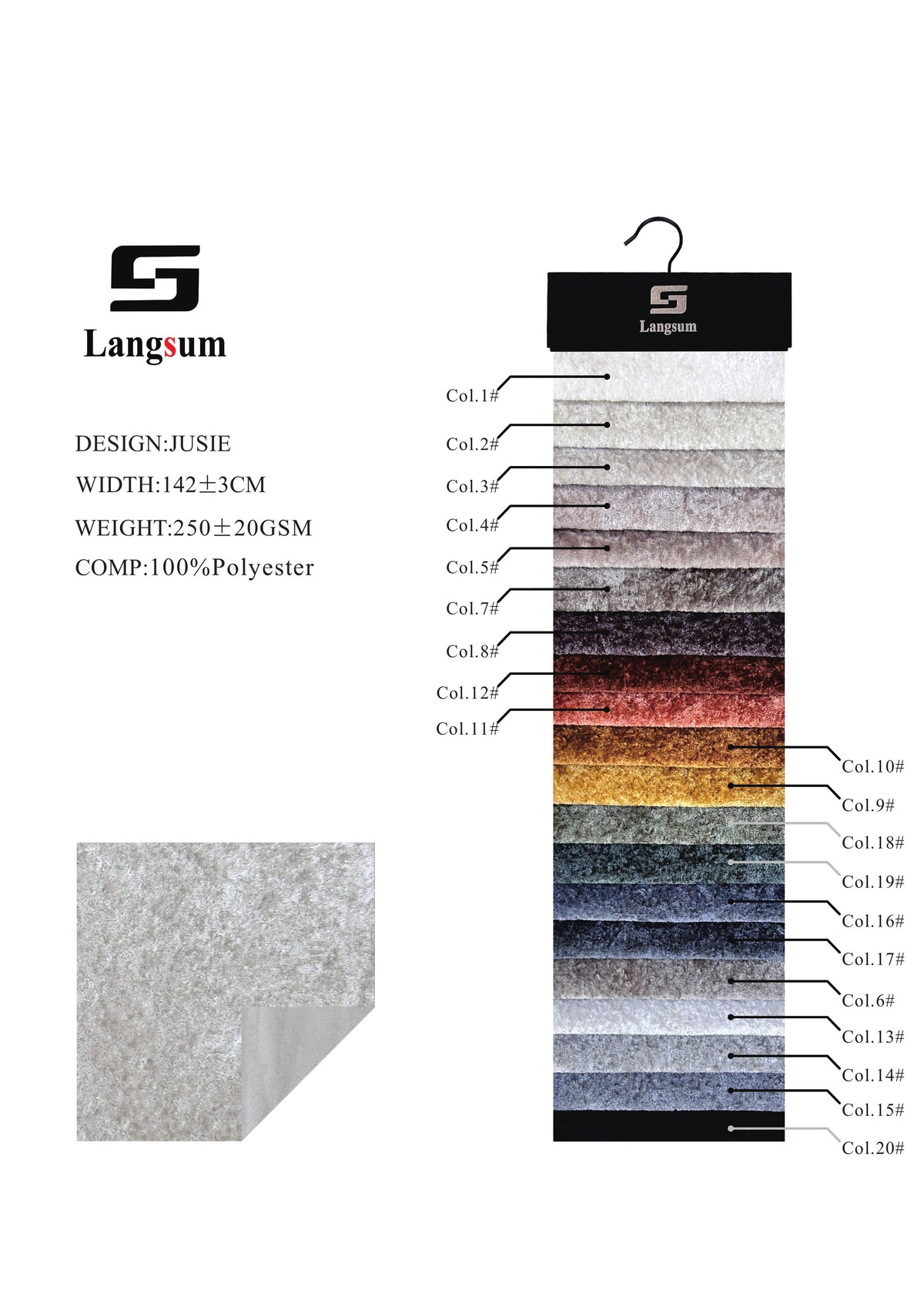 JUSIE Plush-Textured Polyester Upholstery Fabric – 250±20gsm, 56" Wide, 20 Colors Langsum Fabric