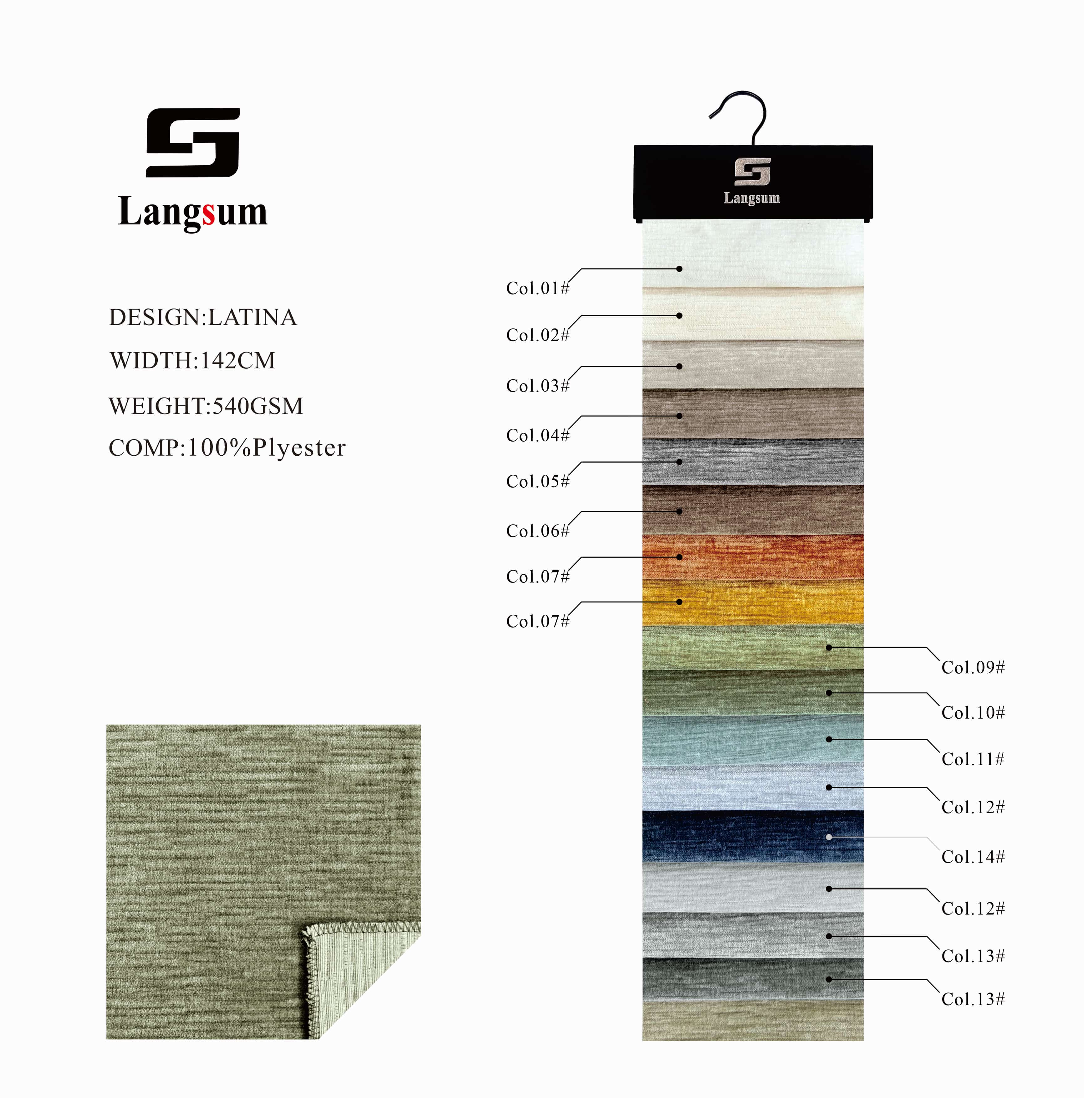 LATINA Chenille Fabric Woven Jacquard Fabric – 540gsm, 56" Wide, 14 Colors Langsum Fabric