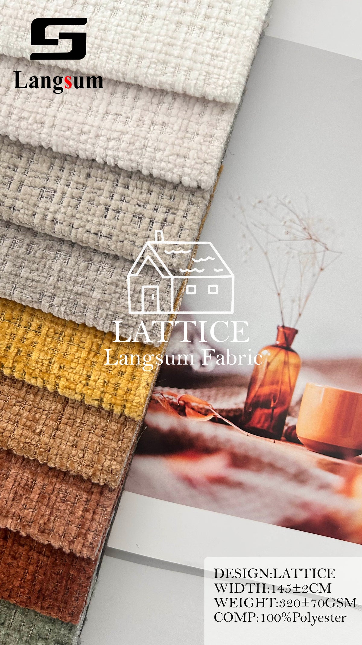 LATTICE Grid-Textured Polyester Upholstery Fabric – 320±70gsm, 57" Wide, 14 Colors Langsum Fabric