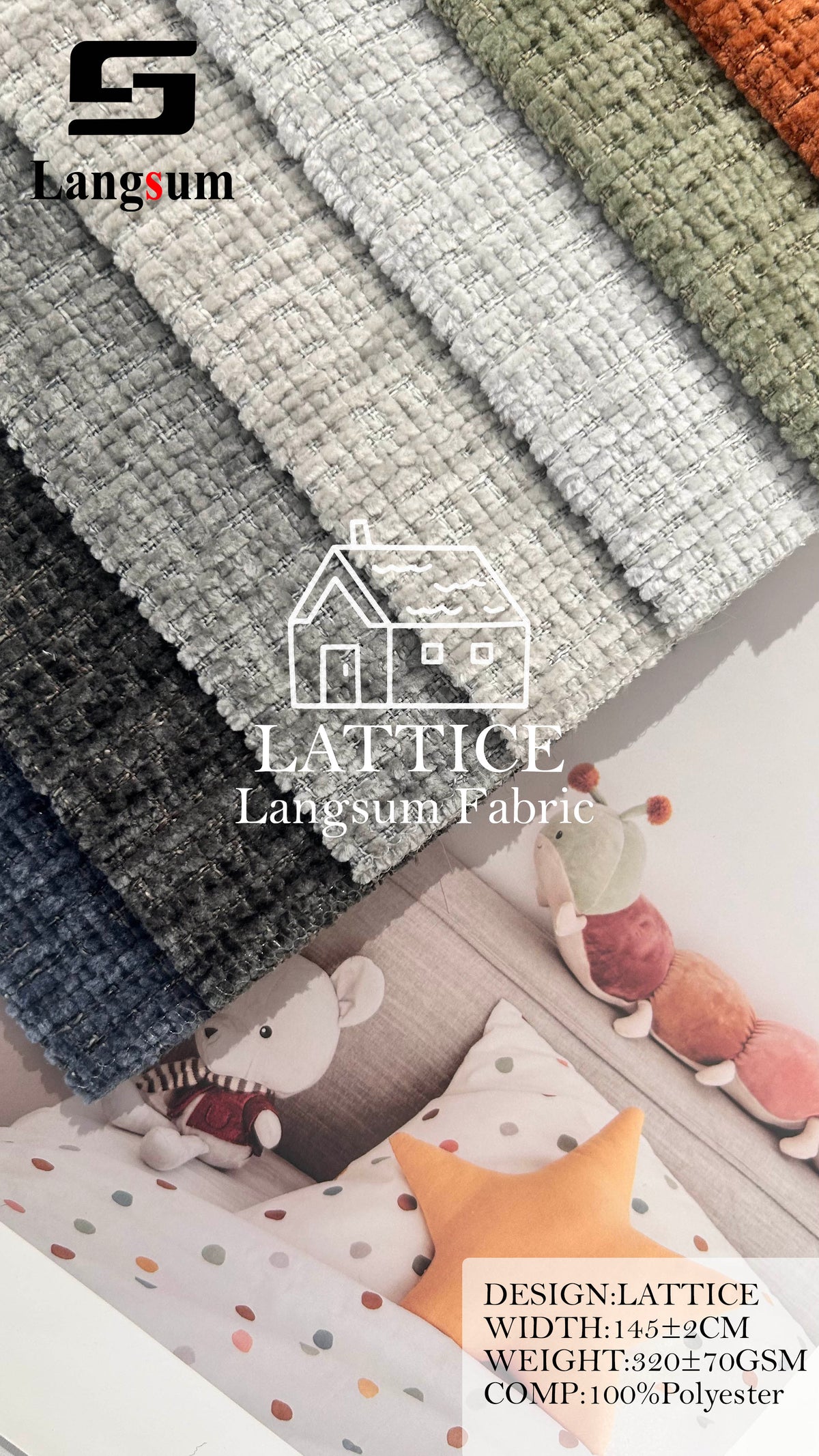 LATTICE Grid-Textured Polyester Upholstery Fabric – 320±70gsm, 57" Wide, 14 Colors Langsum Fabric