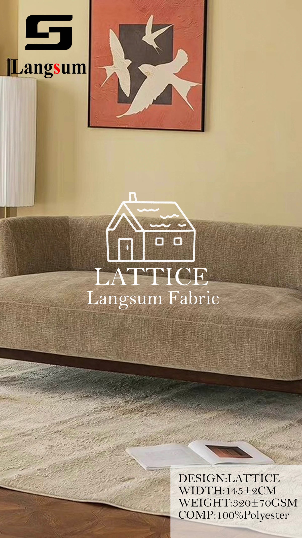 LATTICE Grid-Textured Polyester Upholstery Fabric – 320±70gsm, 57" Wide, 14 Colors Langsum Fabric