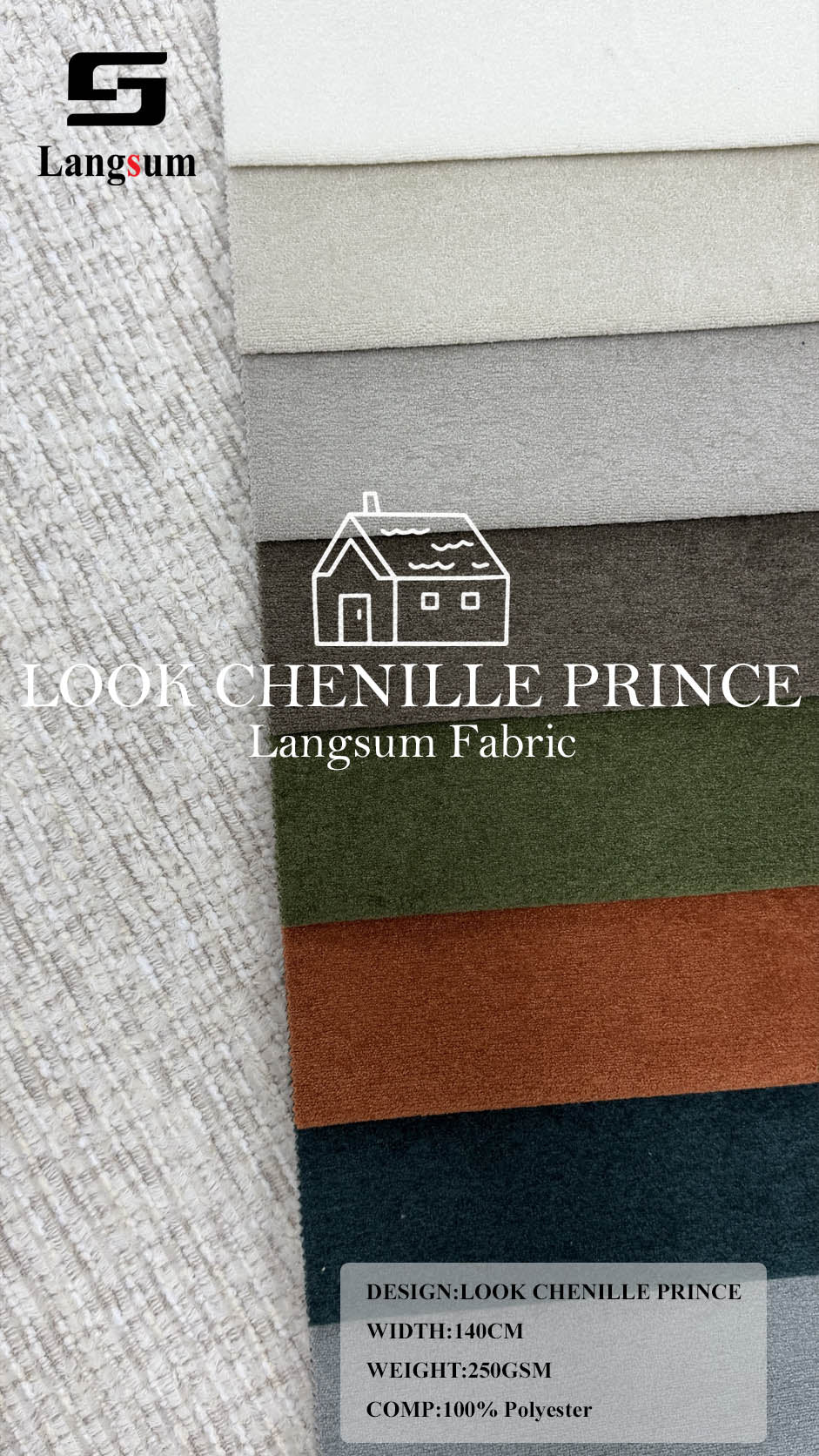 LOOK CHENILLE PRINCE Fine-Textured Polyester Upholstery Fabric – 250gsm, 55.1" Wide Langsum Fabric
