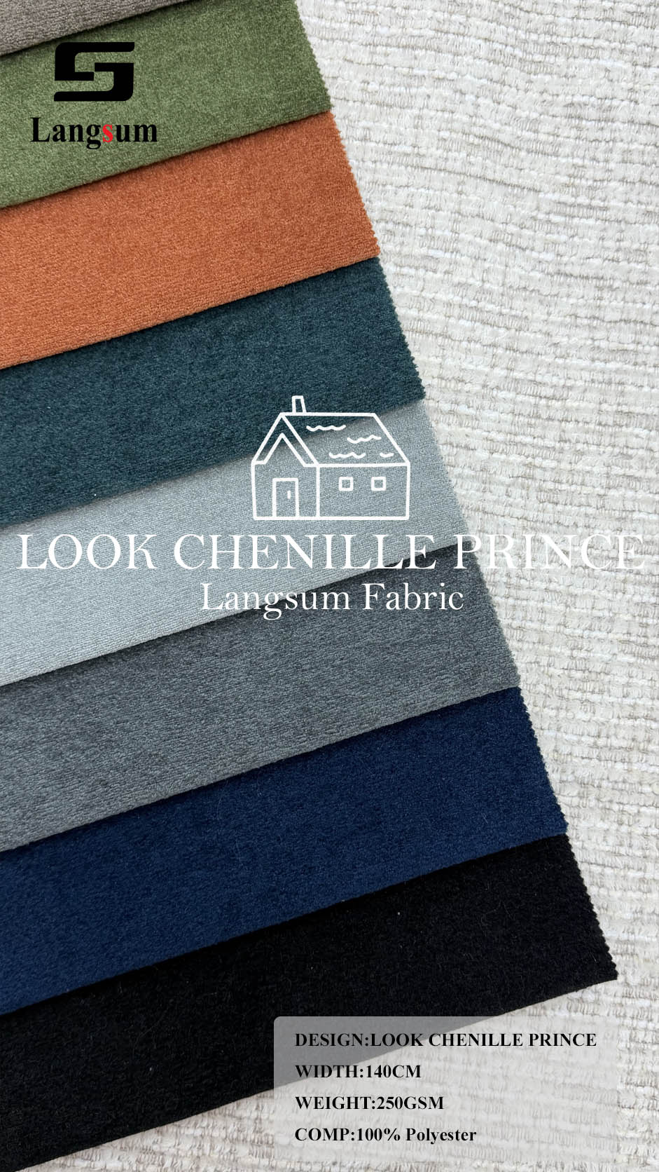 LOOK CHENILLE PRINCE Fine-Textured Polyester Upholstery Fabric – 250gsm, 55.1" Wide Langsum Fabric