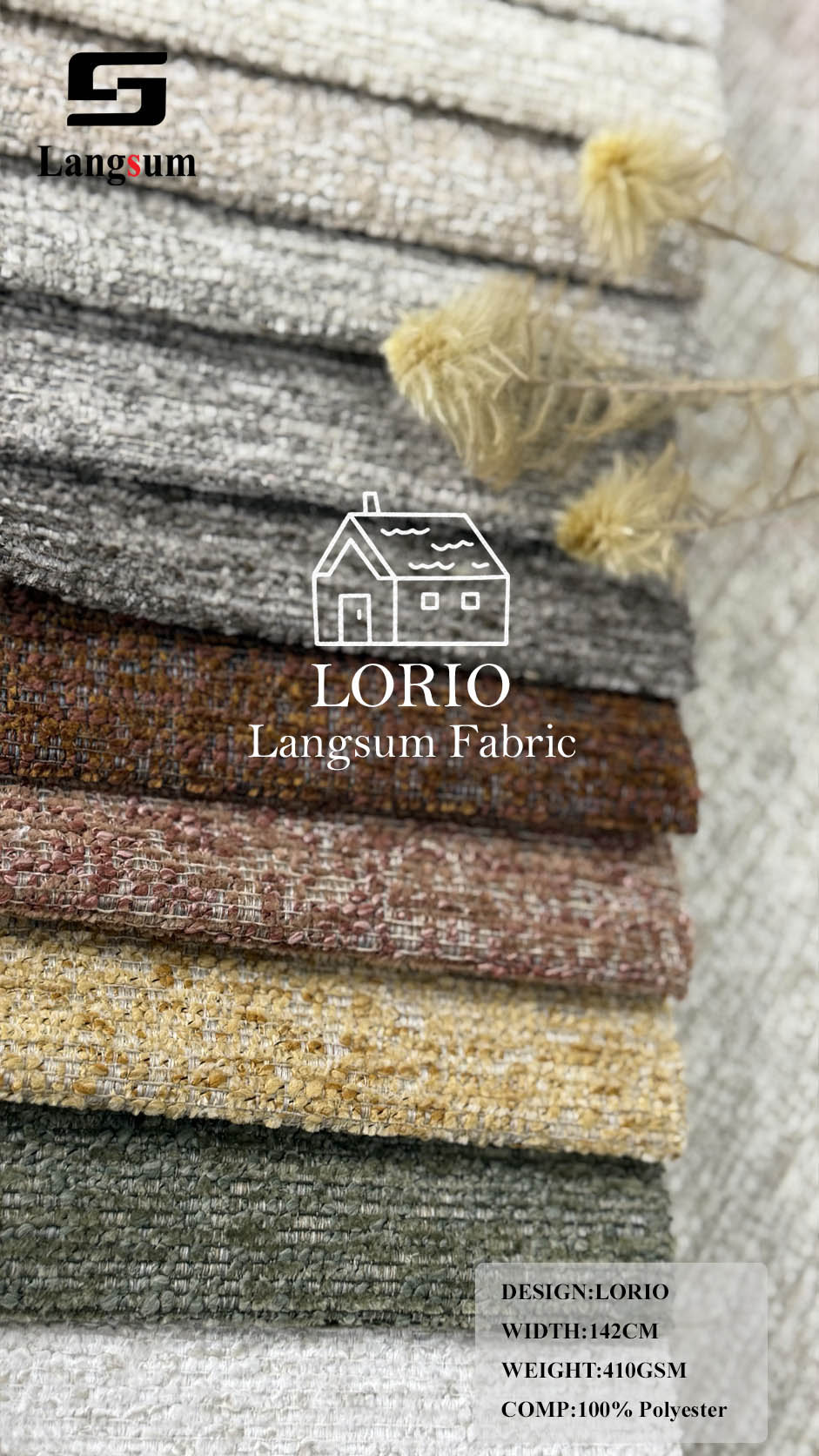 LORIO Textured Polyester Upholstery Fabric – 410gsm, 56" Wide Langsum Fabric
