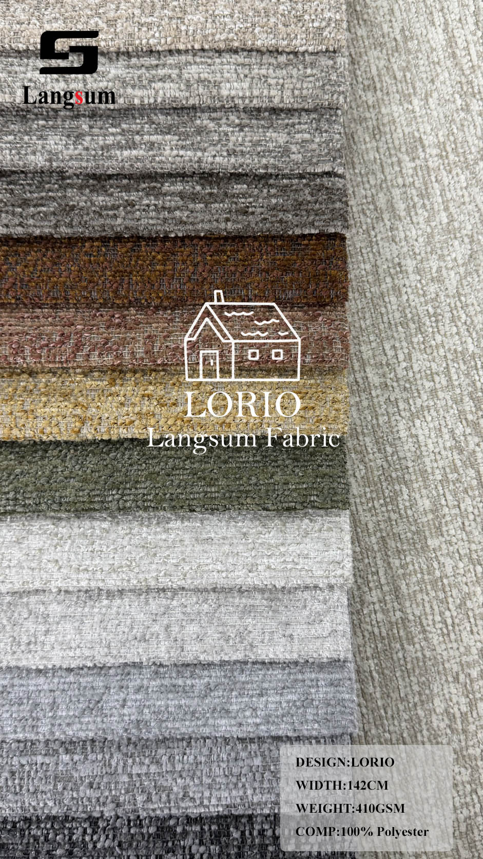 LORIO Textured Polyester Upholstery Fabric – 410gsm, 56" Wide Langsum Fabric