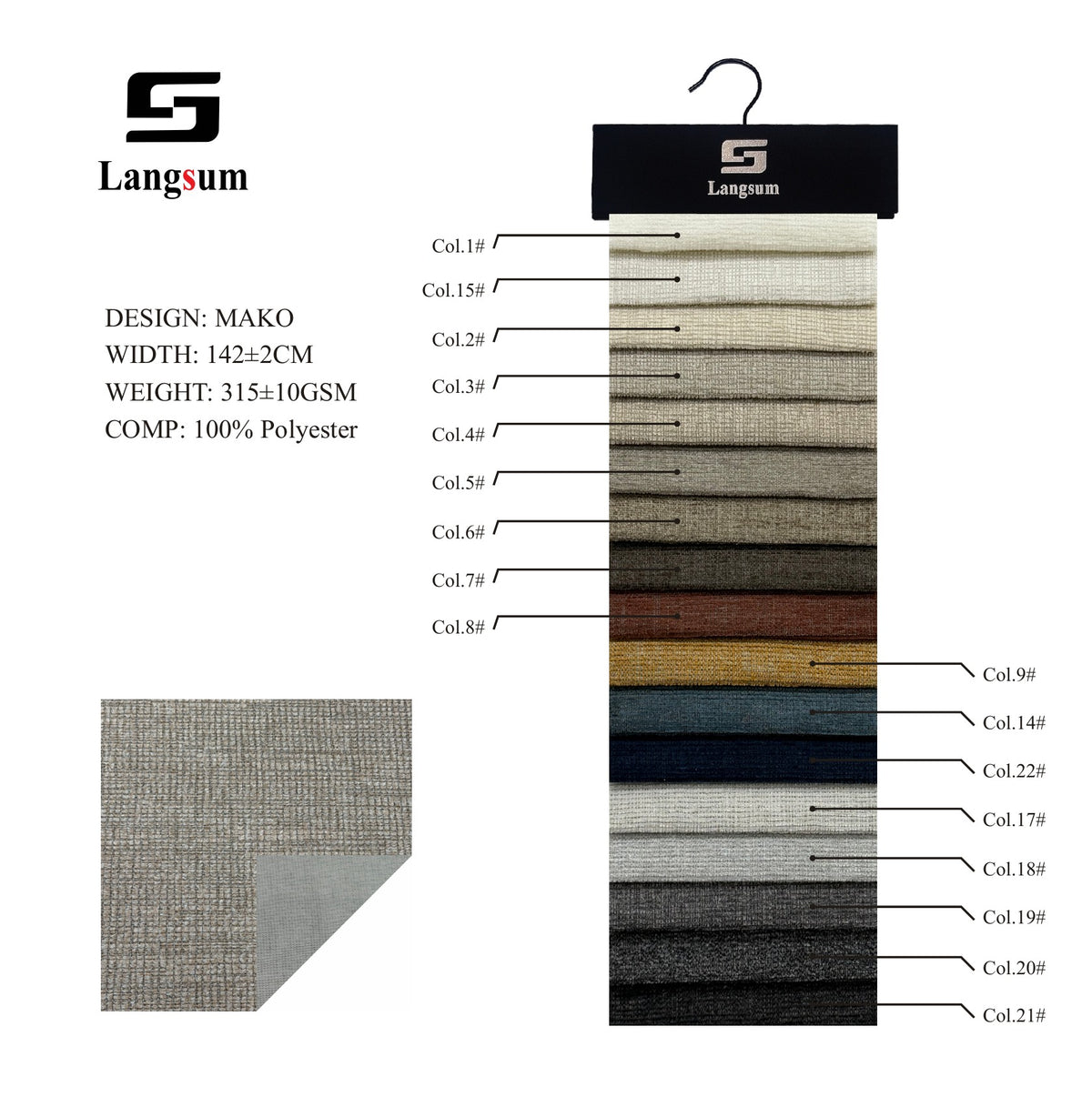 MAKO Crosshatch-Textured Polyester Upholstery Fabric – 315gsm, 56" Wide Langsum Fabric