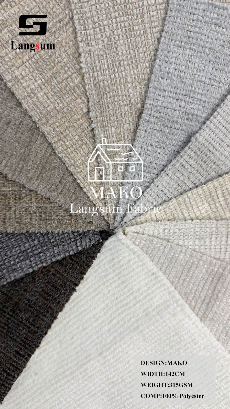 MAKO Crosshatch-Textured Polyester Upholstery Fabric – 315gsm, 56" Wide Langsum Fabric
