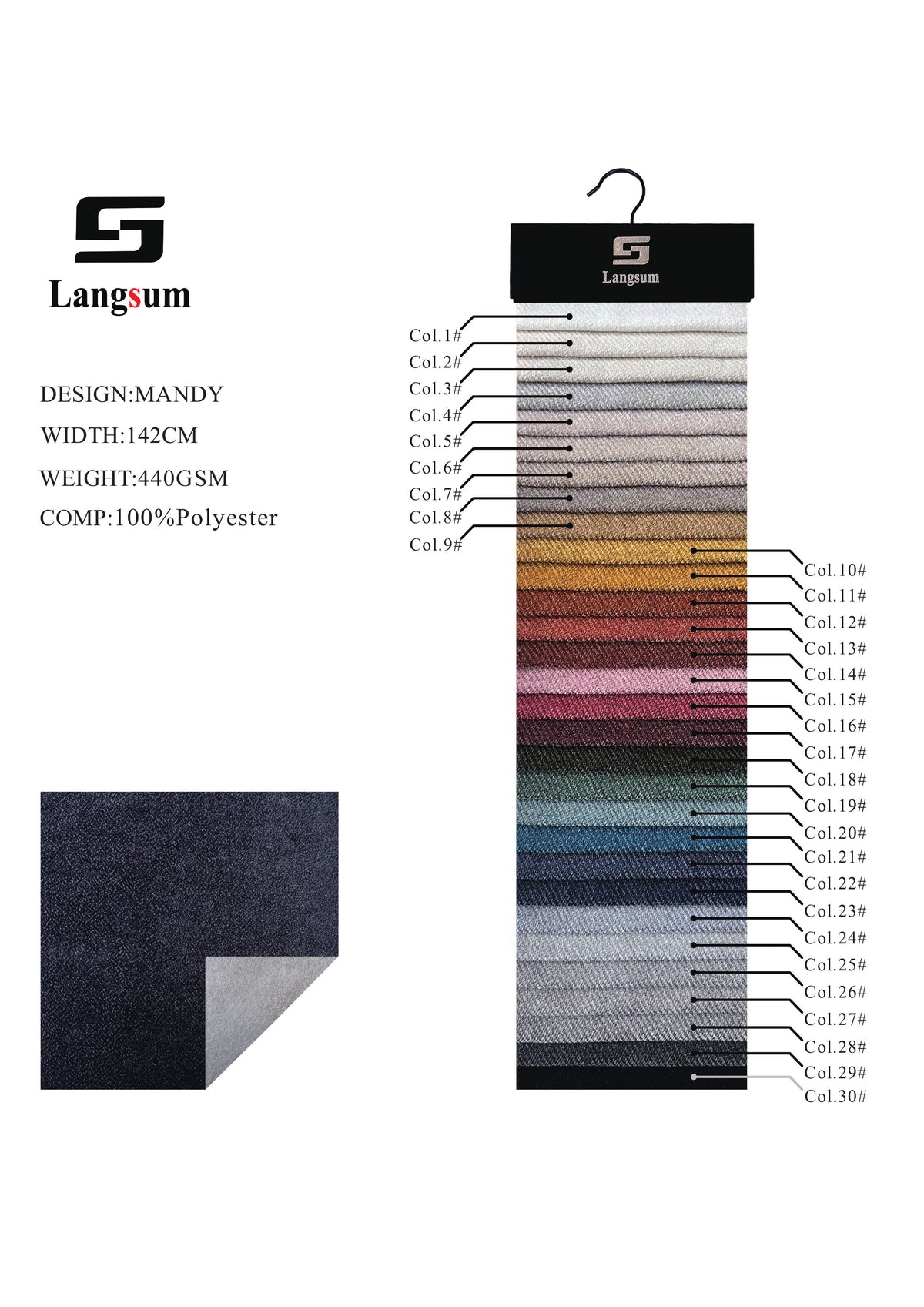 MANDY Fine-Textured Polyester Upholstery Fabric – 440gsm, 56" Wide, 30 Colors Langsum Fabric