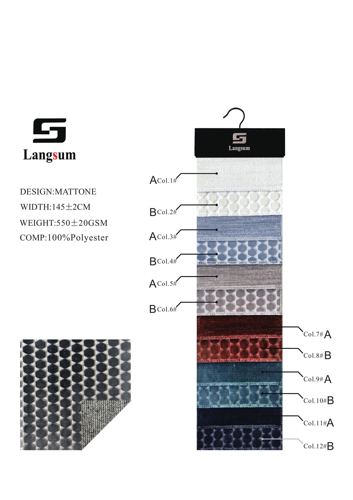 MATTONE Geometric-Pattern Polyester Upholstery Fabric – 550±20gsm, 57" Wide, 12 Colors Langsum Fabric