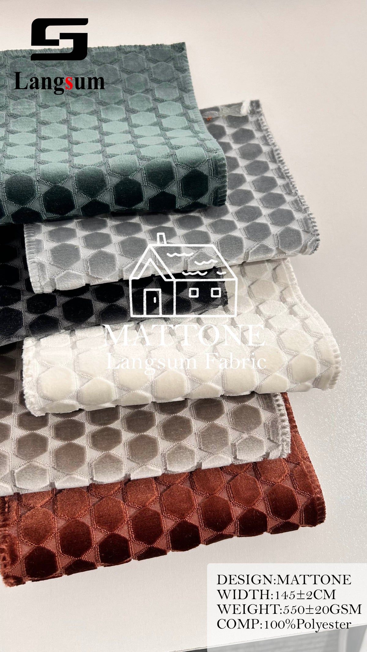 MATTONE Geometric-Pattern Polyester Upholstery Fabric – 550±20gsm, 57" Wide, 12 Colors Langsum Fabric