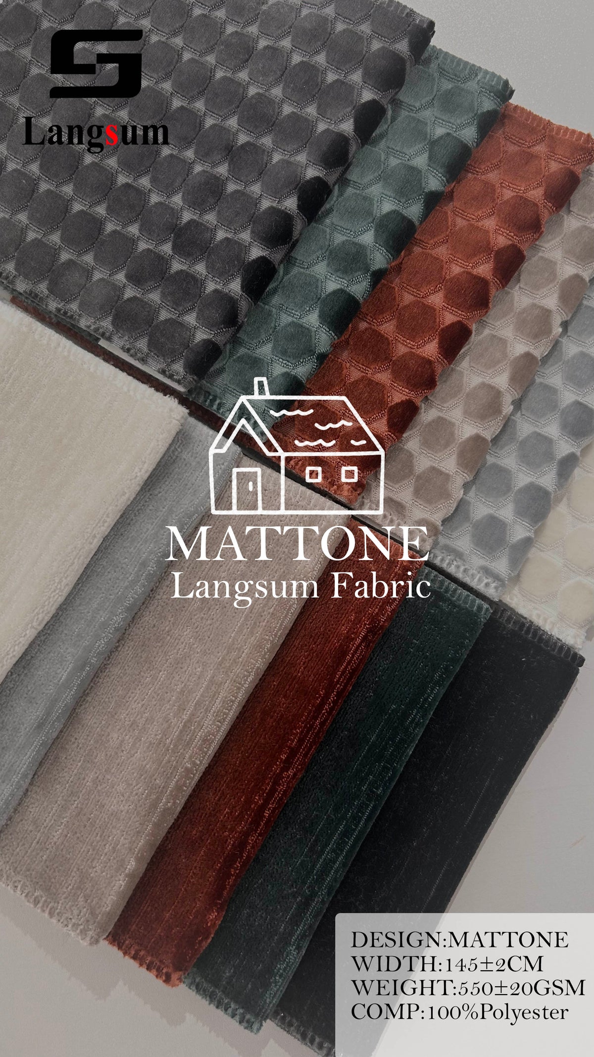 MATTONE Geometric-Pattern Polyester Upholstery Fabric – 550±20gsm, 57" Wide, 12 Colors Langsum Fabric