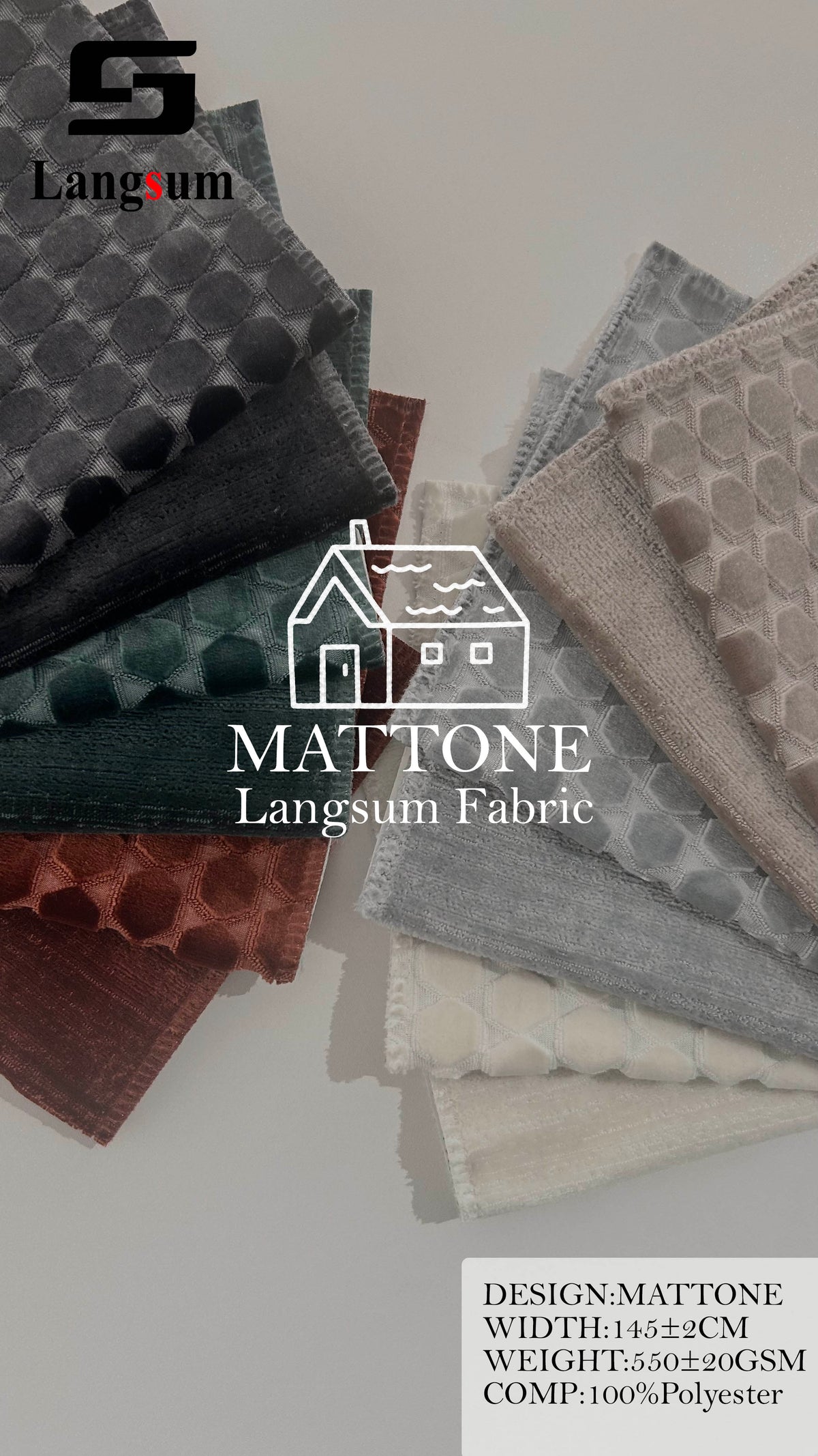 MATTONE Geometric-Pattern Polyester Upholstery Fabric – 550±20gsm, 57" Wide, 12 Colors Langsum Fabric