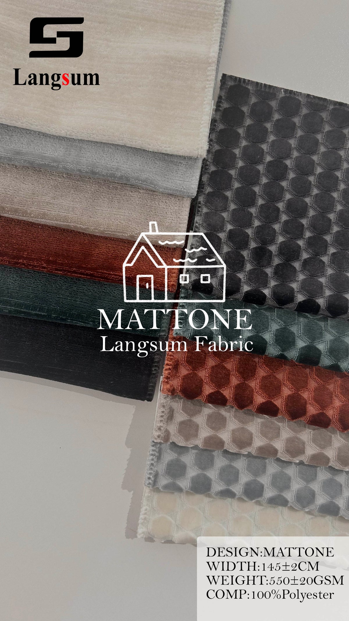 MATTONE Geometric-Pattern Polyester Upholstery Fabric – 550±20gsm, 57" Wide, 12 Colors Langsum Fabric
