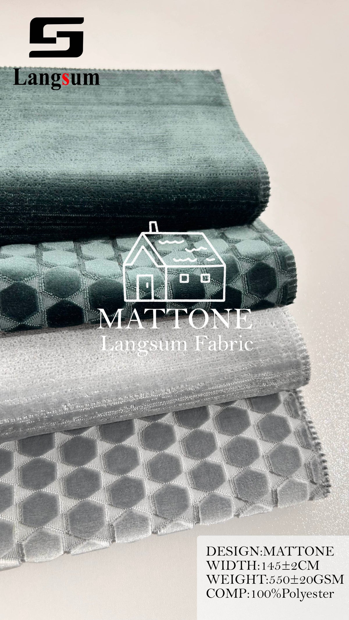 MATTONE Geometric-Pattern Polyester Upholstery Fabric – 550±20gsm, 57" Wide, 12 Colors Langsum Fabric