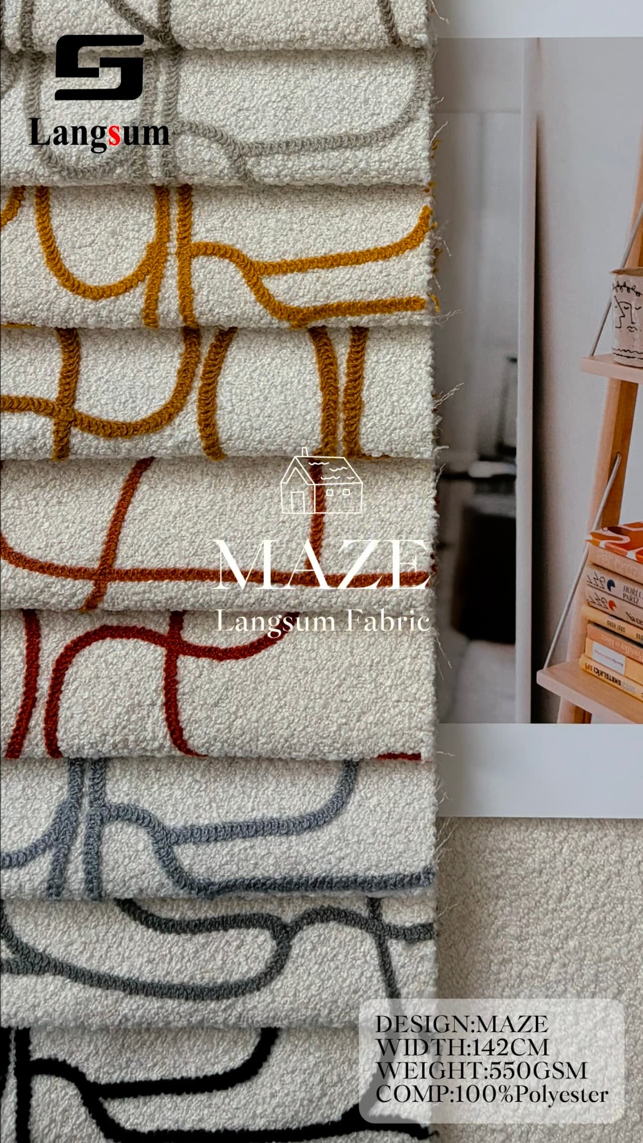 MAZE Boucle Fabric Polyester Upholstery Fabric – 550gsm, 56" Wide, 11 Colors Langsum Fabric