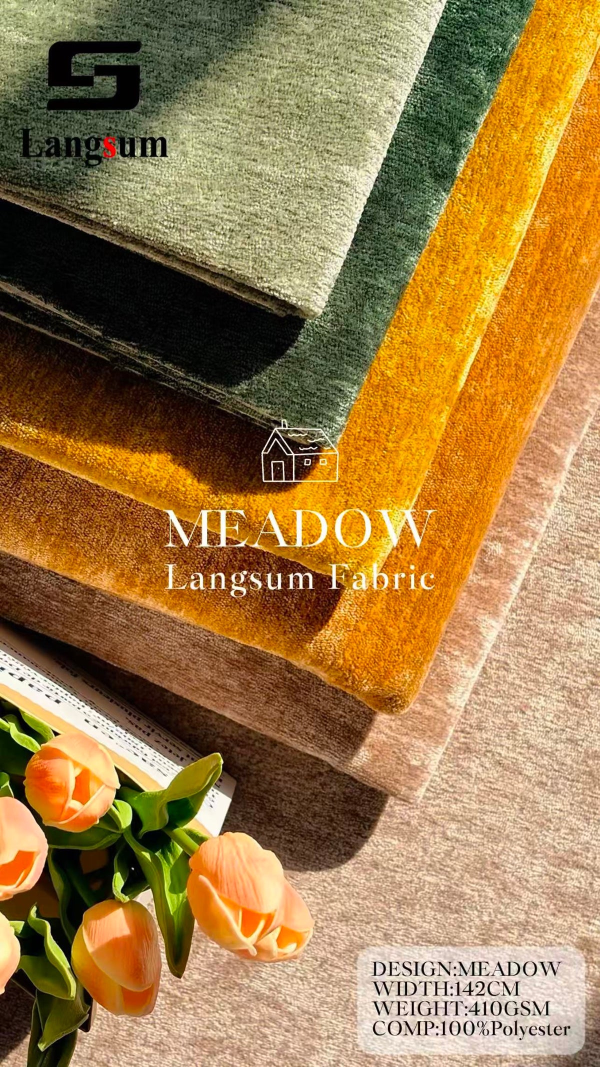 MEADOW Nubby-Textured Polyester Upholstery Fabric – 410gsm, 56" Wide Langsum Fabric