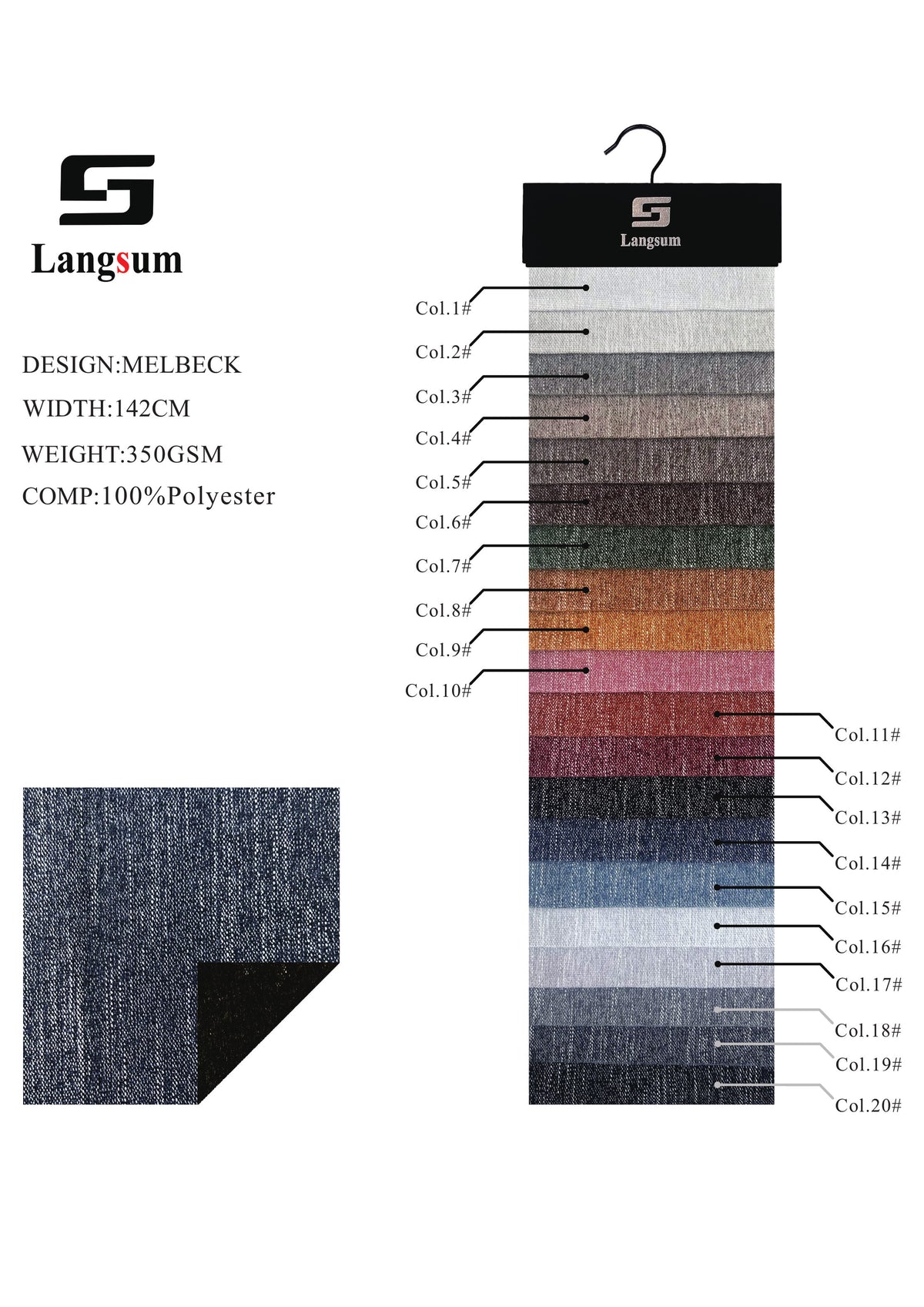 MELBECK Slub-Textured Polyester Upholstery Fabric – 350gsm, 56" Wide, 20 Colors Langsum Fabric