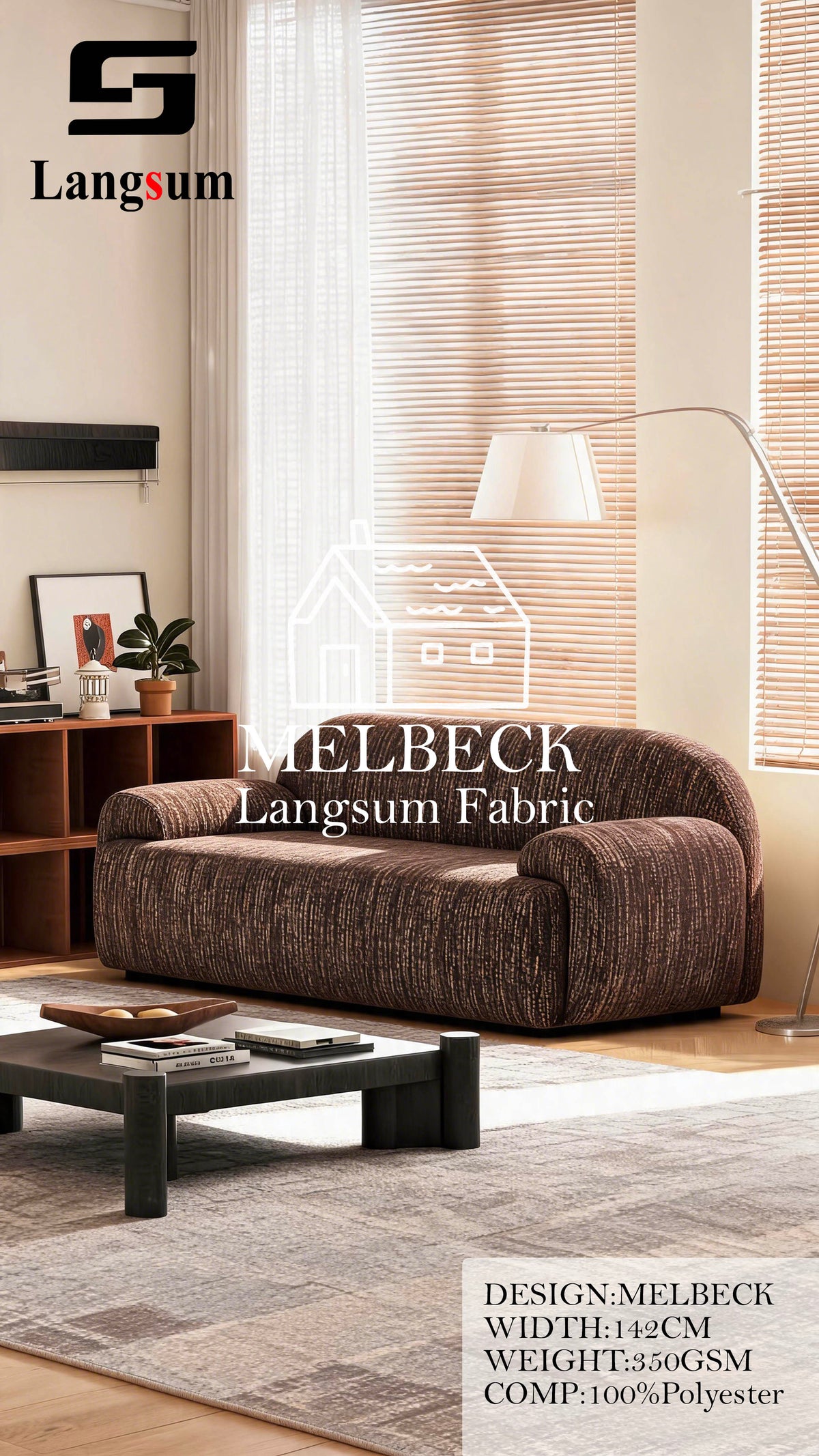 MELBECK Slub-Textured Polyester Upholstery Fabric – 350gsm, 56" Wide, 20 Colors Langsum Fabric