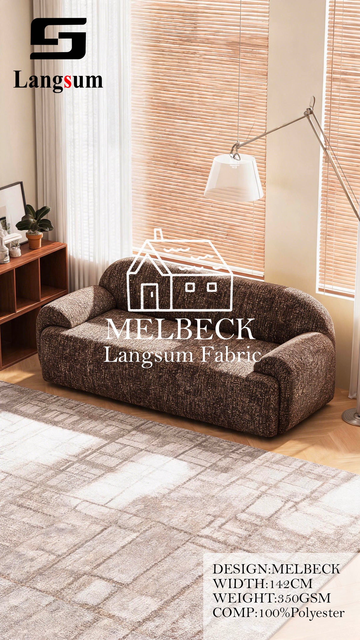 MELBECK Slub-Textured Polyester Upholstery Fabric – 350gsm, 56" Wide, 20 Colors Langsum Fabric