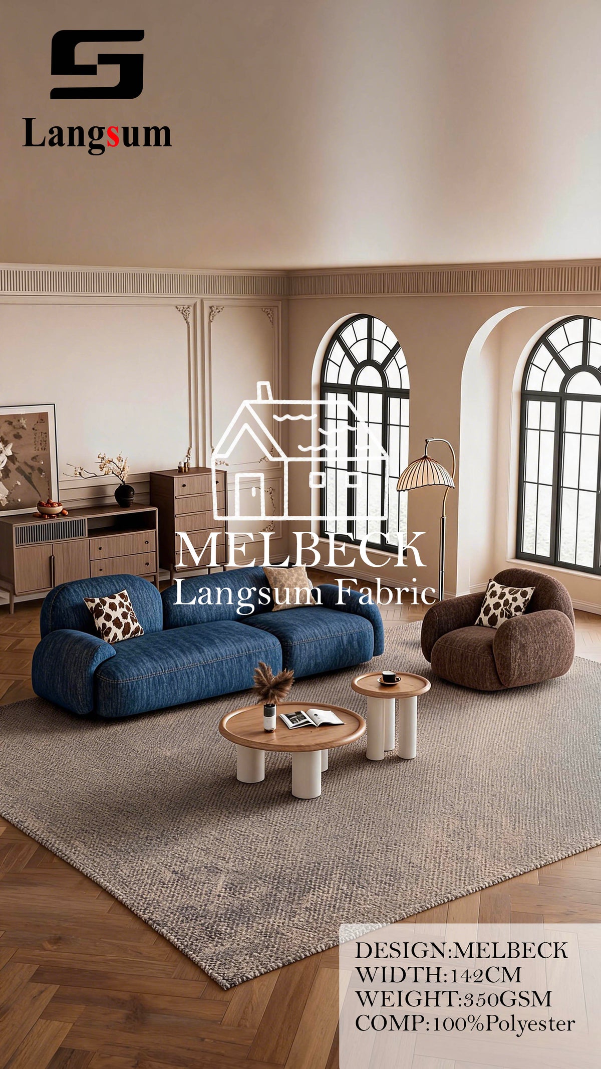 MELBECK Slub-Textured Polyester Upholstery Fabric – 350gsm, 56" Wide, 20 Colors Langsum Fabric