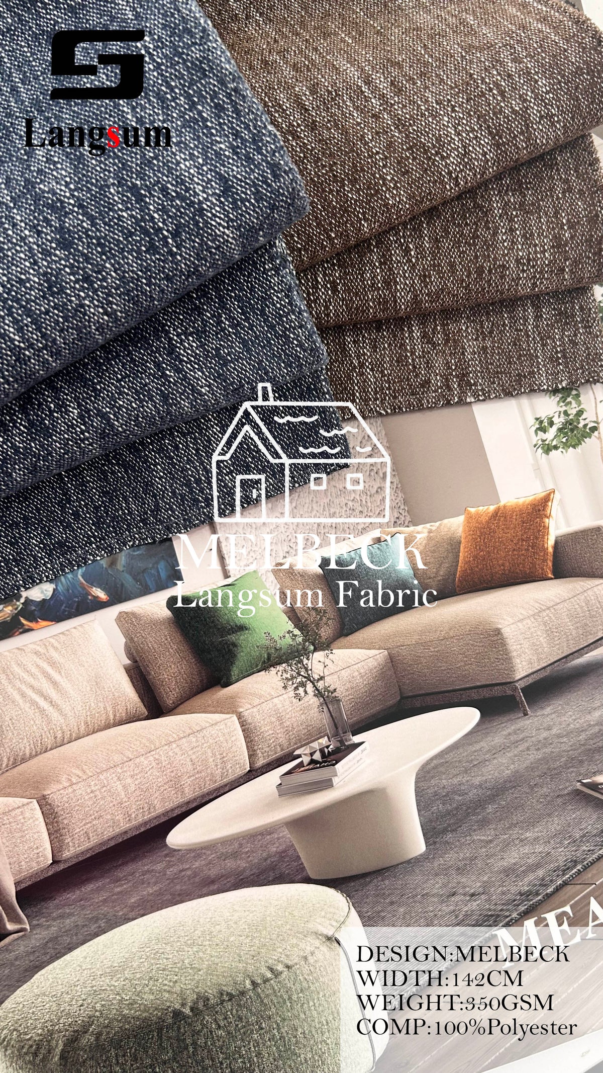 MELBECK Slub-Textured Polyester Upholstery Fabric – 350gsm, 56" Wide, 20 Colors Langsum Fabric