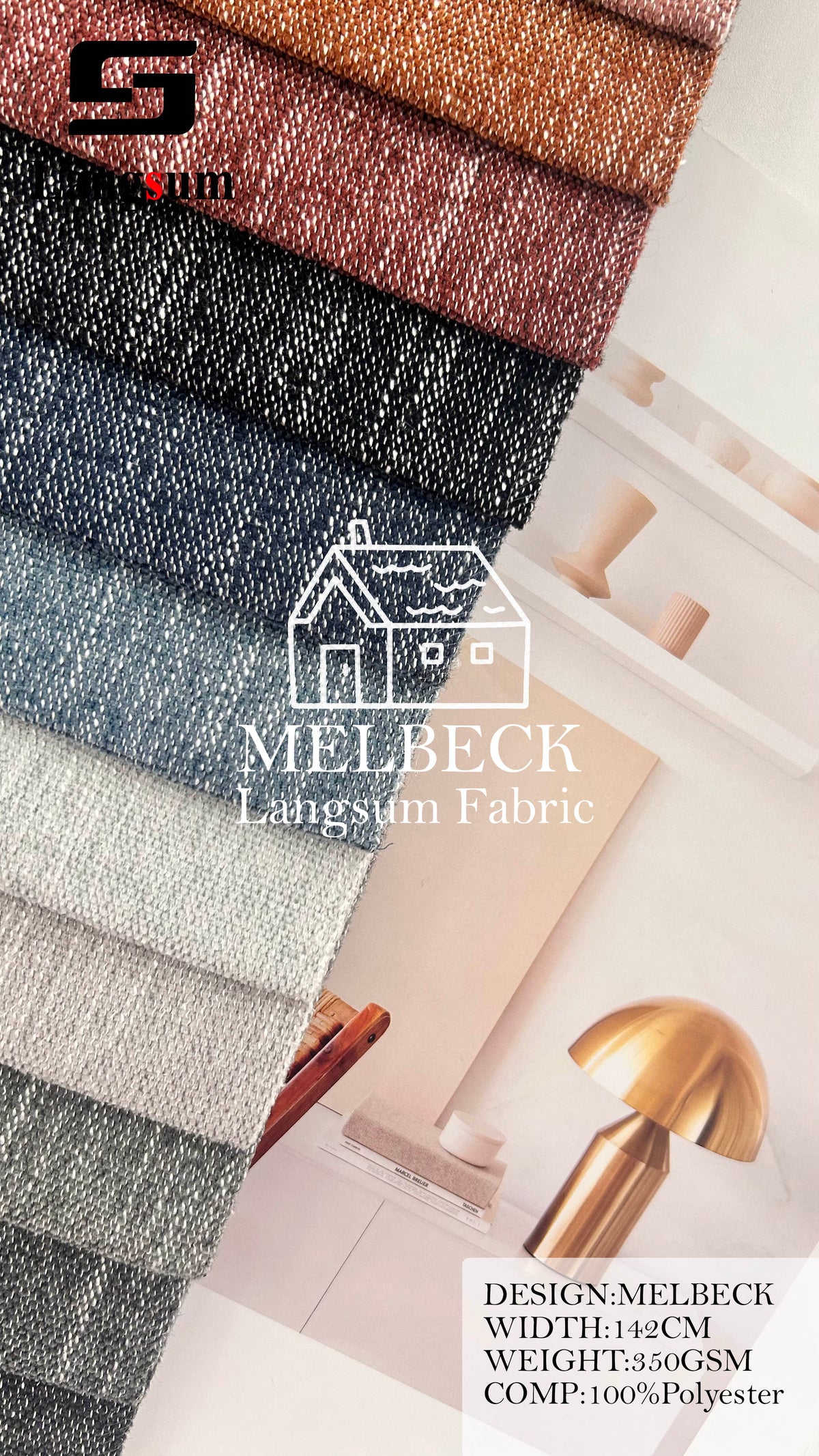 MELBECK Slub-Textured Polyester Upholstery Fabric – 350gsm, 56" Wide, 20 Colors Langsum Fabric