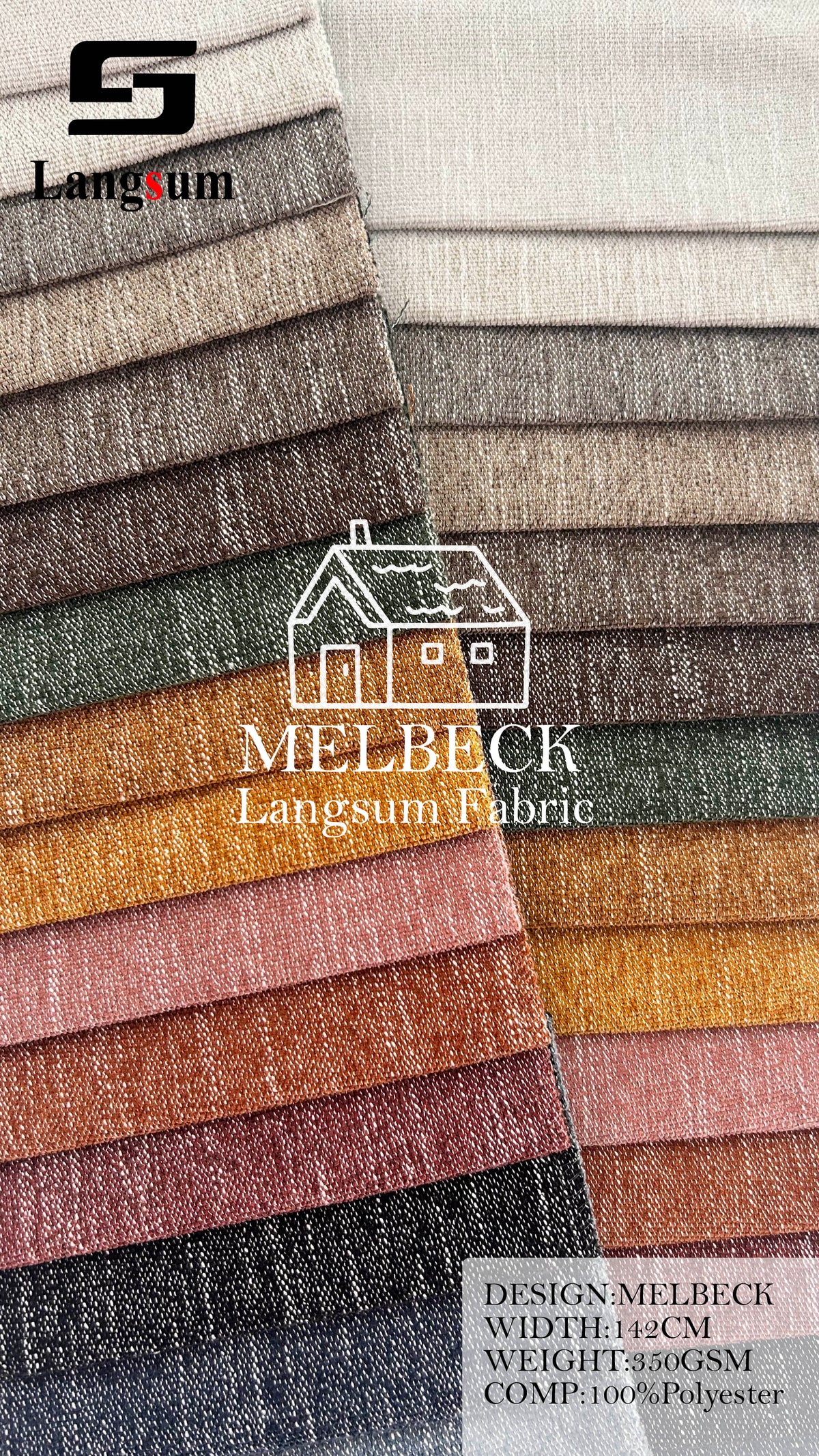 MELBECK Slub-Textured Polyester Upholstery Fabric – 350gsm, 56" Wide, 20 Colors Langsum Fabric