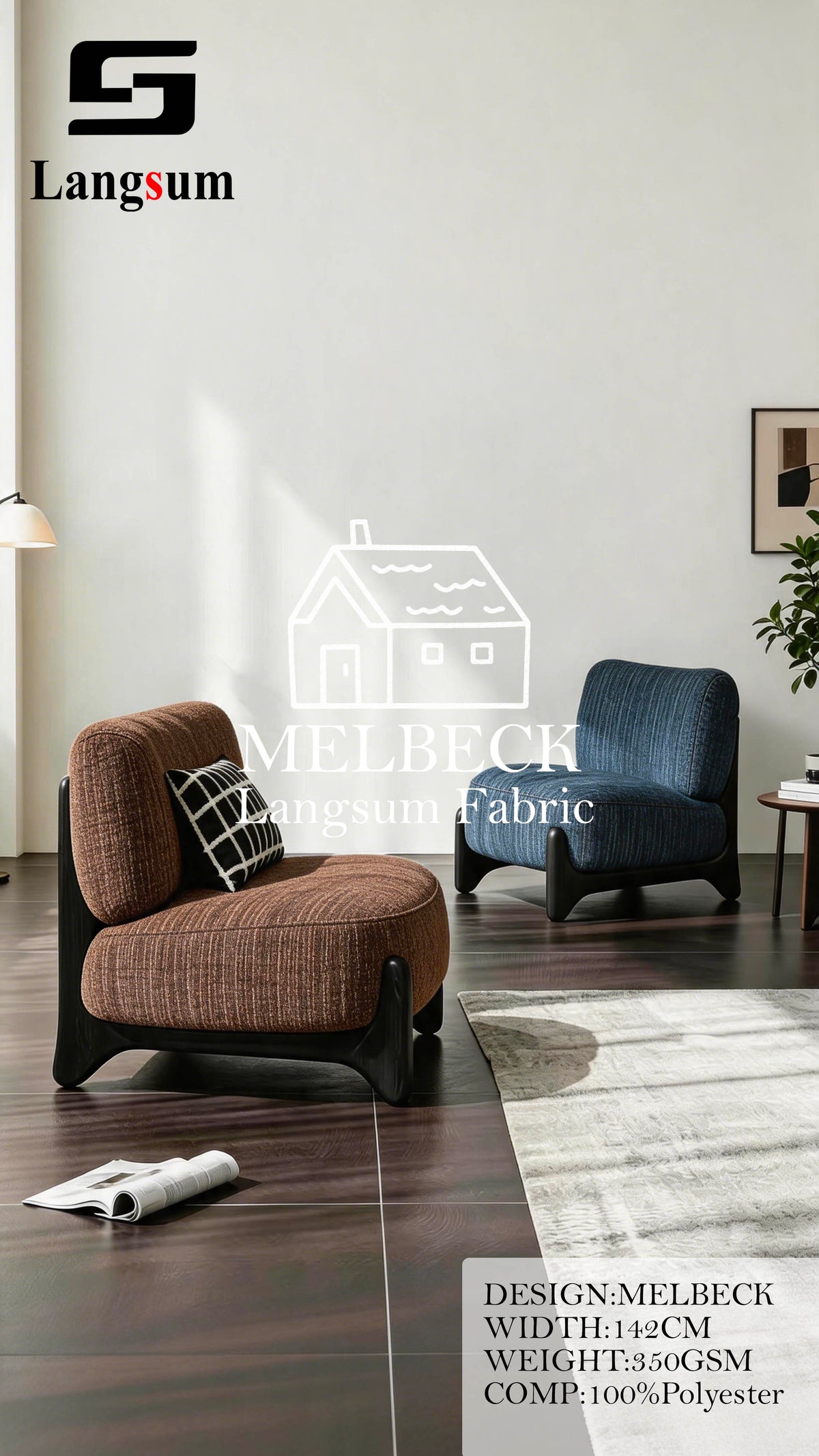 MELBECK Slub-Textured Polyester Upholstery Fabric – 350gsm, 56" Wide, 20 Colors Langsum Fabric