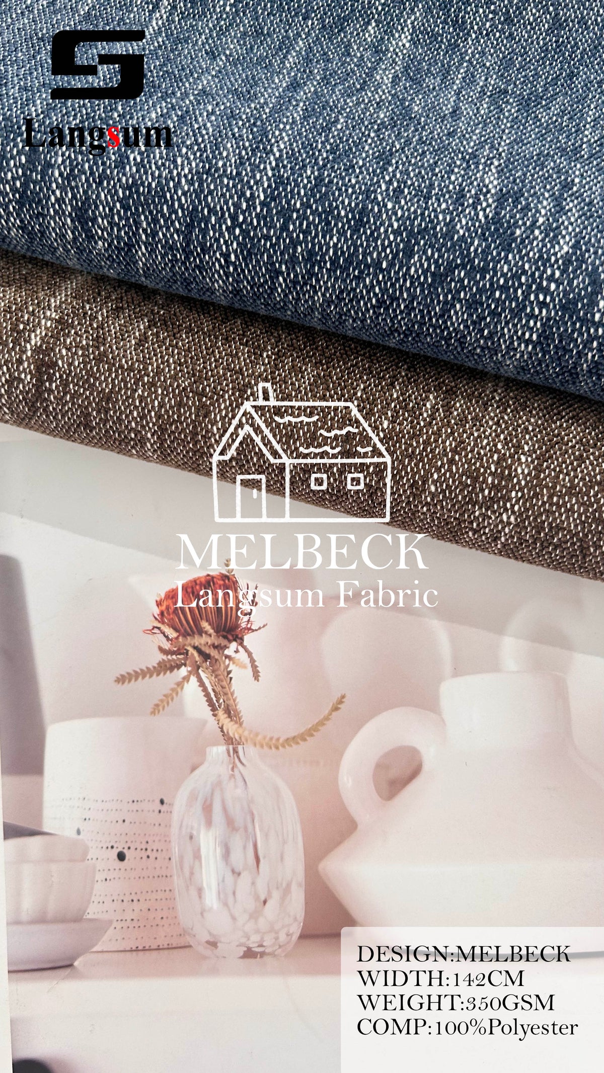 MELBECK Slub-Textured Polyester Upholstery Fabric – 350gsm, 56" Wide, 20 Colors Langsum Fabric