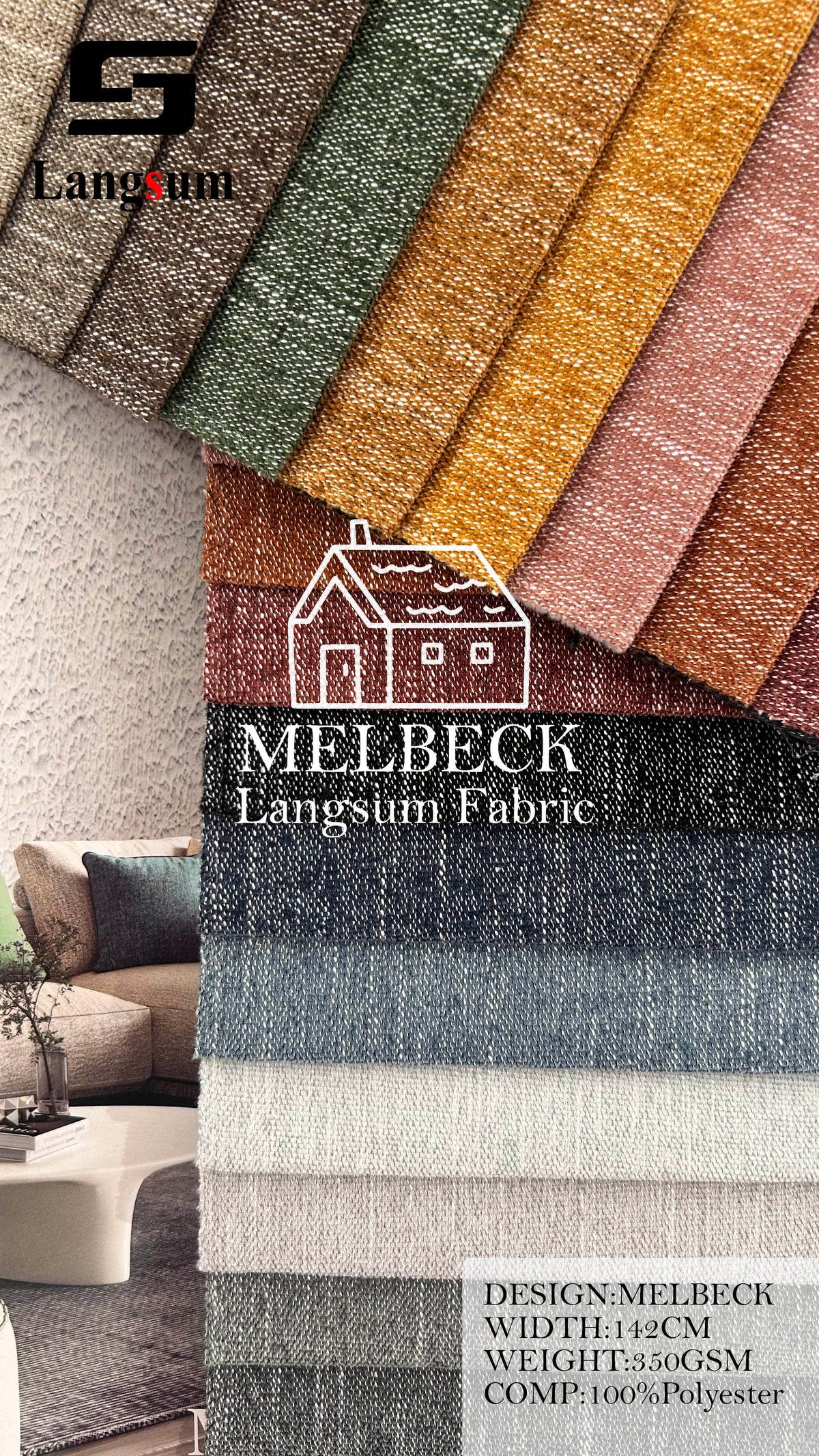 MELBECK Slub-Textured Polyester Upholstery Fabric – 350gsm, 56" Wide, 20 Colors Langsum Fabric