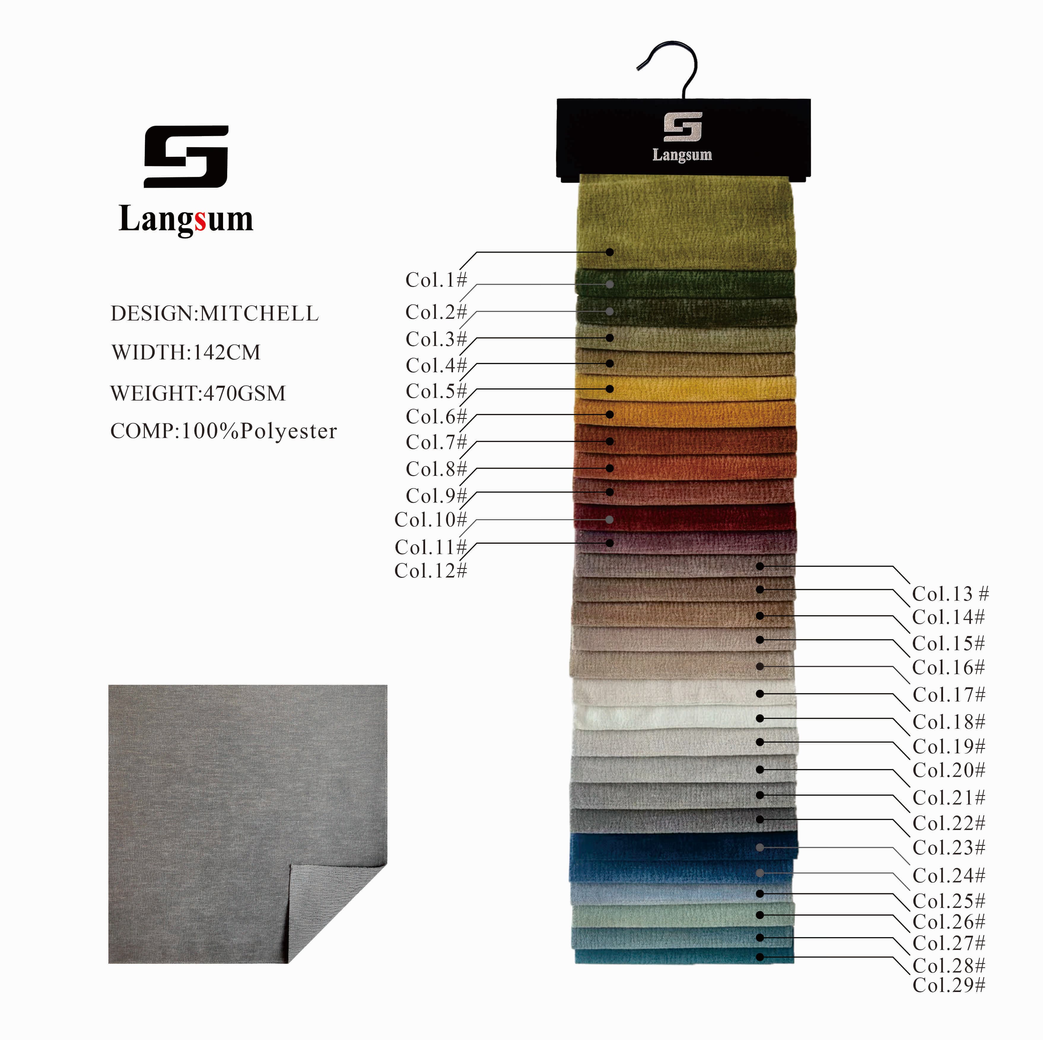 MITCHELL Chenille Fabric Woven Jacquard Fabric – 470gsm, 56" Wide, 29 Colors Langsum Fabric