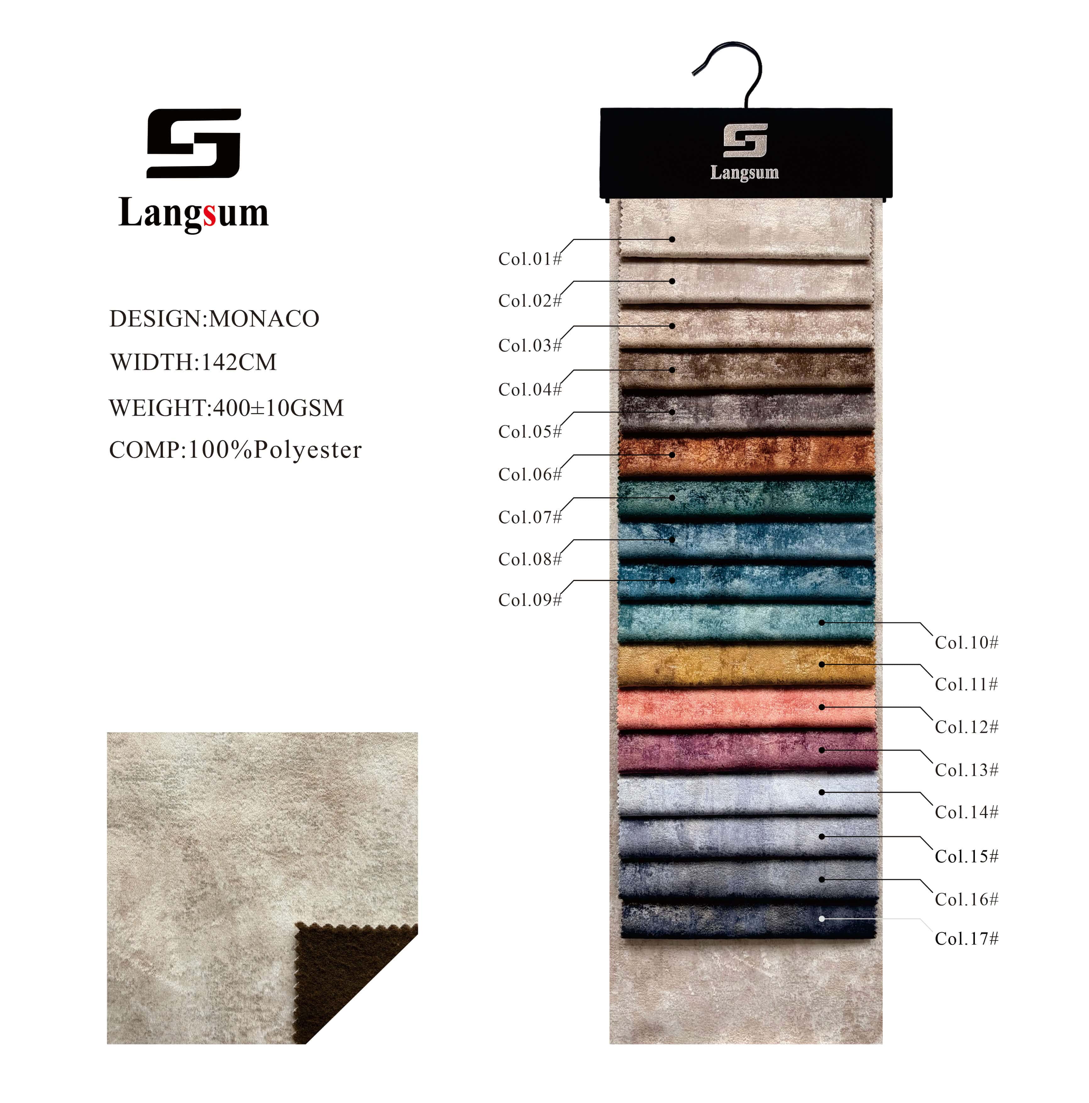 MONACO Textured Polyester Upholstery Fabric – 400±10gsm, 56" Wide, 17 Colors Langsum Fabric