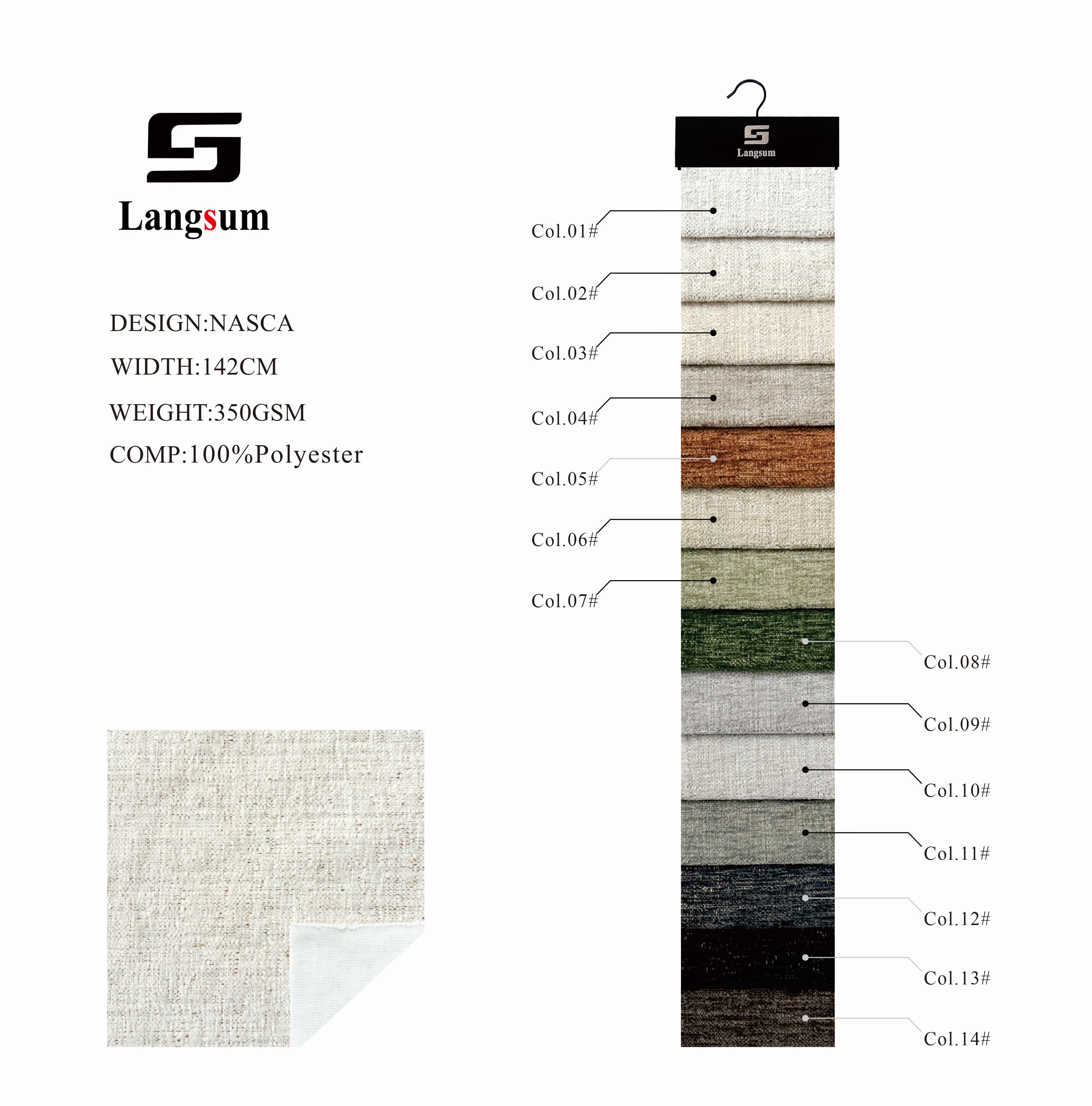 NASCA Chenille Fabric Woven Jacquard Fabric – 350gsm, 56" Wide, 14 Colors Langsum Fabric