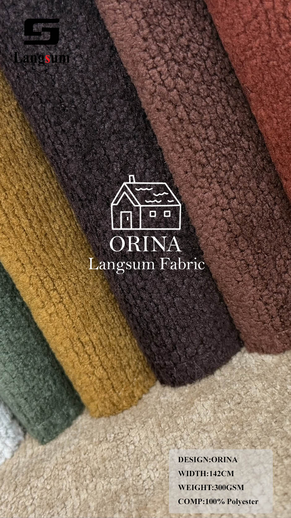 ORINA Nubby-Textured Polyester Upholstery Fabric – 300gsm, 56" Wide, 18 Colors Langsum Fabric