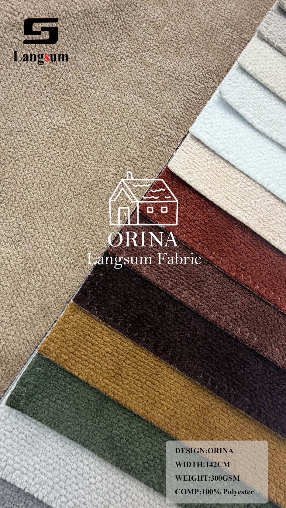 ORINA Nubby-Textured Polyester Upholstery Fabric – 300gsm, 56" Wide, 18 Colors Langsum Fabric