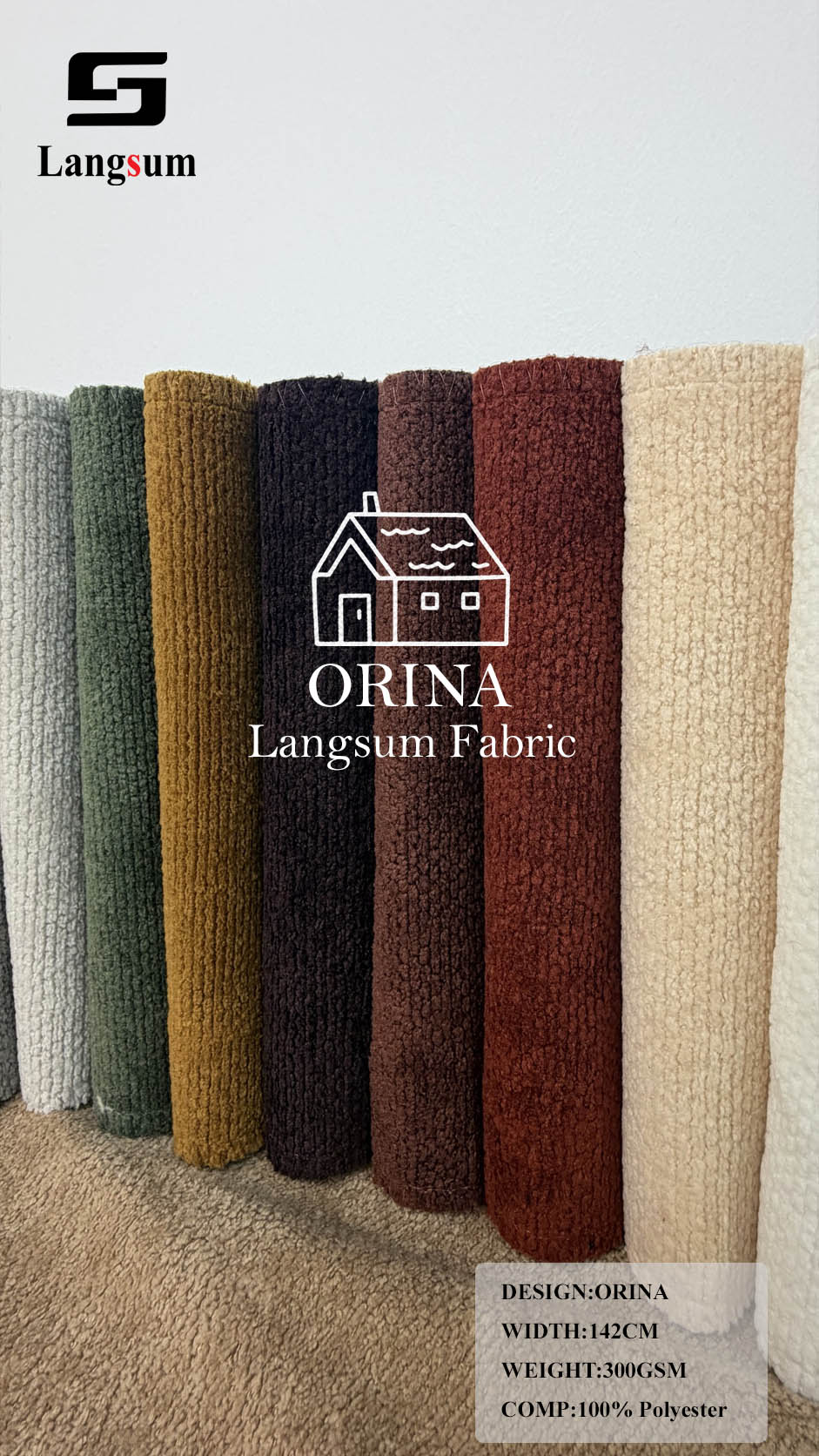 ORINA Nubby-Textured Polyester Upholstery Fabric – 300gsm, 56" Wide, 18 Colors Langsum Fabric