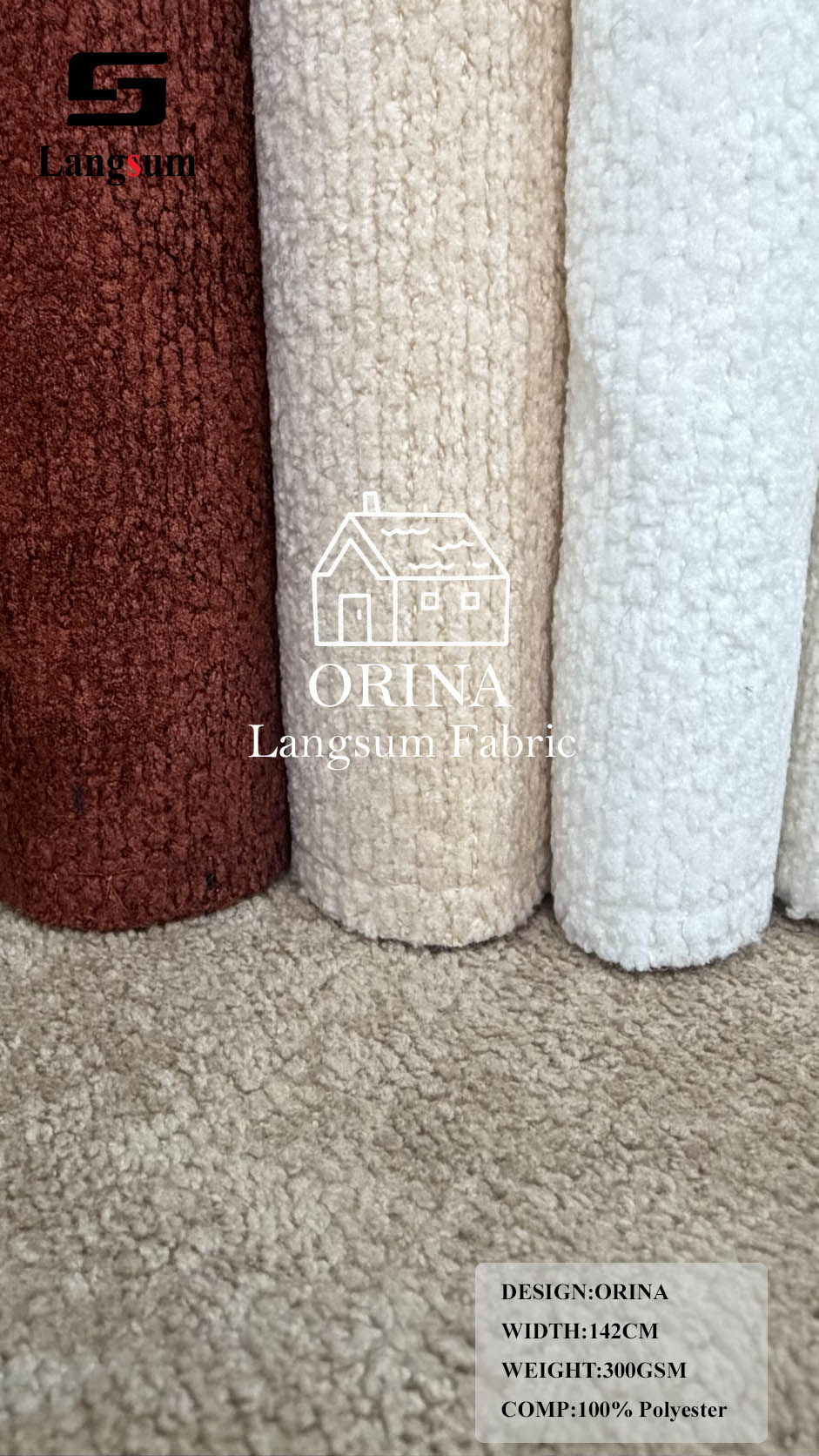 ORINA Nubby-Textured Polyester Upholstery Fabric – 300gsm, 56" Wide, 18 Colors Langsum Fabric