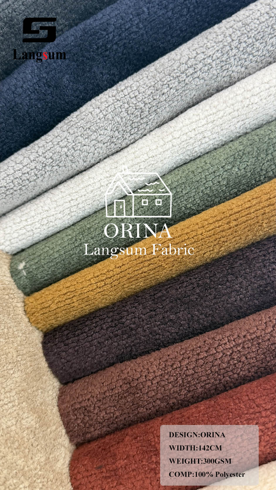 ORINA Nubby-Textured Polyester Upholstery Fabric – 300gsm, 56" Wide, 18 Colors Langsum Fabric