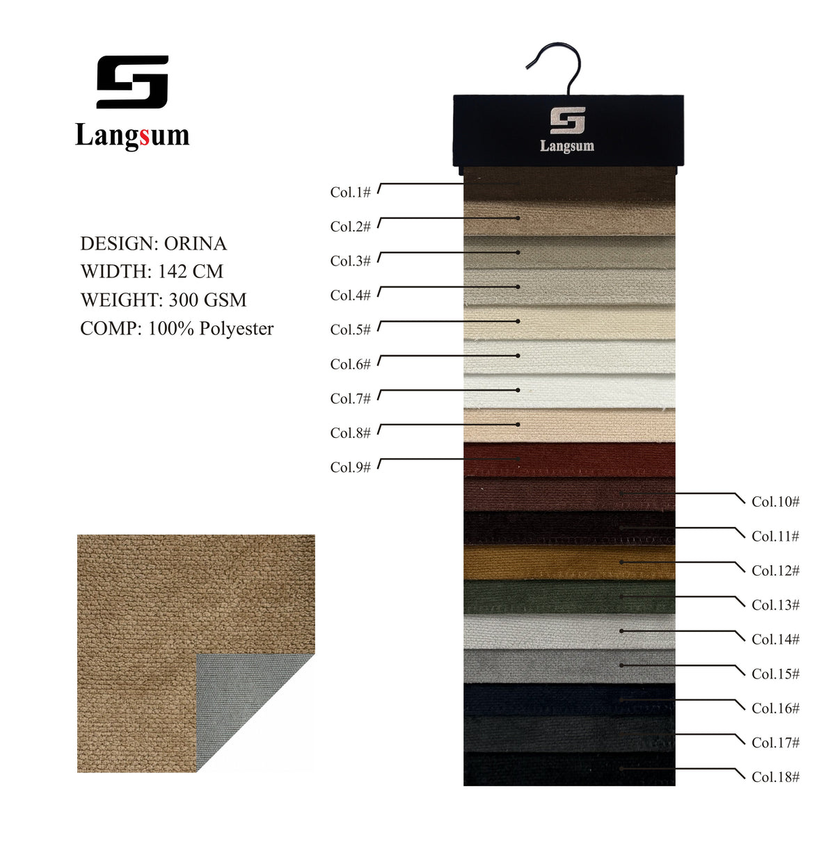 ORINA Nubby-Textured Polyester Upholstery Fabric – 300gsm, 56" Wide, 18 Colors Langsum Fabric