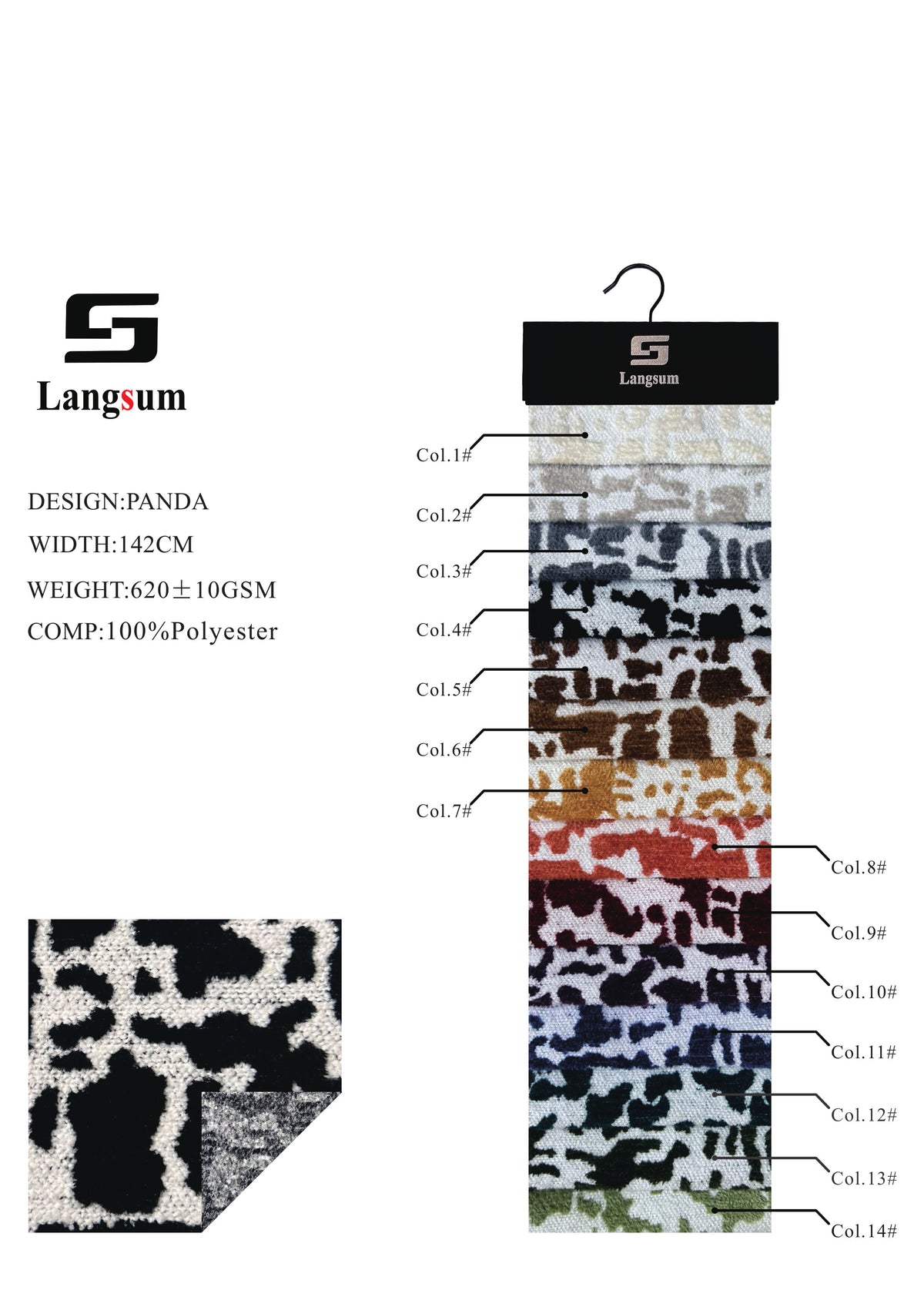 PANDA Animal-Pattern Polyester Upholstery Fabric – 620±10gsm, 56" Wide, 14 Colors Langsum Fabric