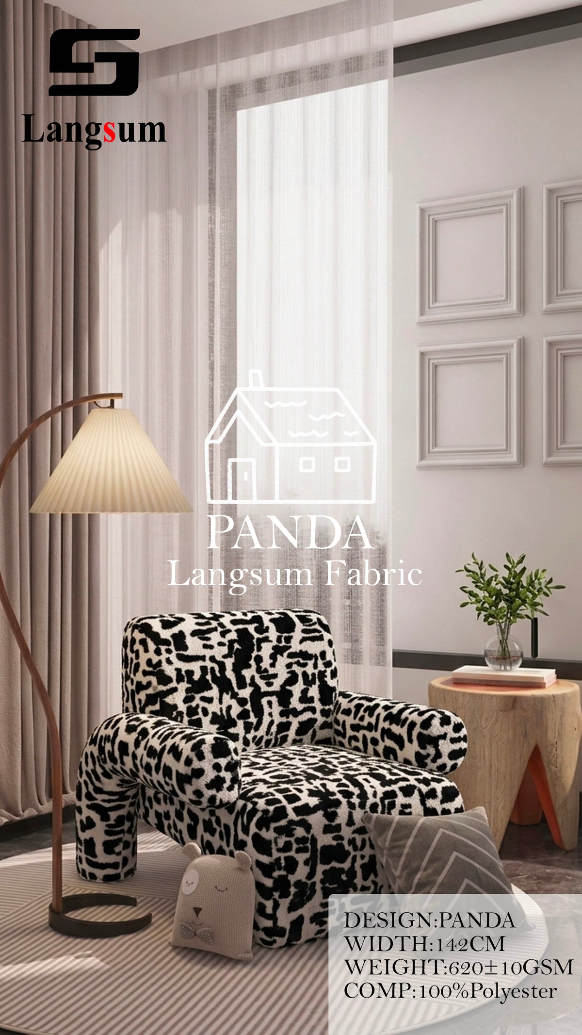 PANDA Animal-Pattern Polyester Upholstery Fabric – 620±10gsm, 56" Wide, 14 Colors Langsum Fabric