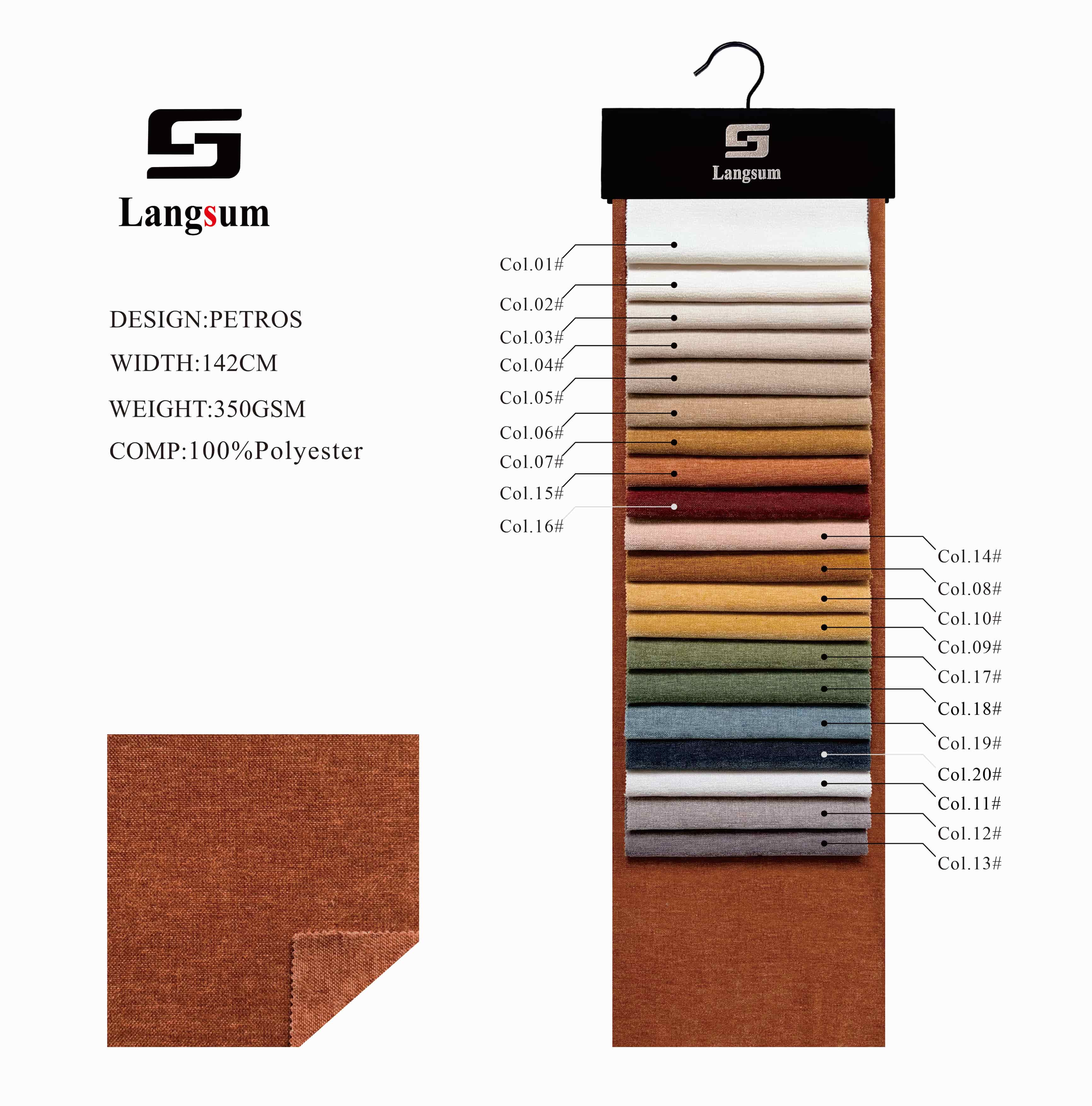PETROS Linen Look Fabric Polyester Upholstery Fabric – 350gsm, 56" Wide, 20 Colors Langsum Fabric