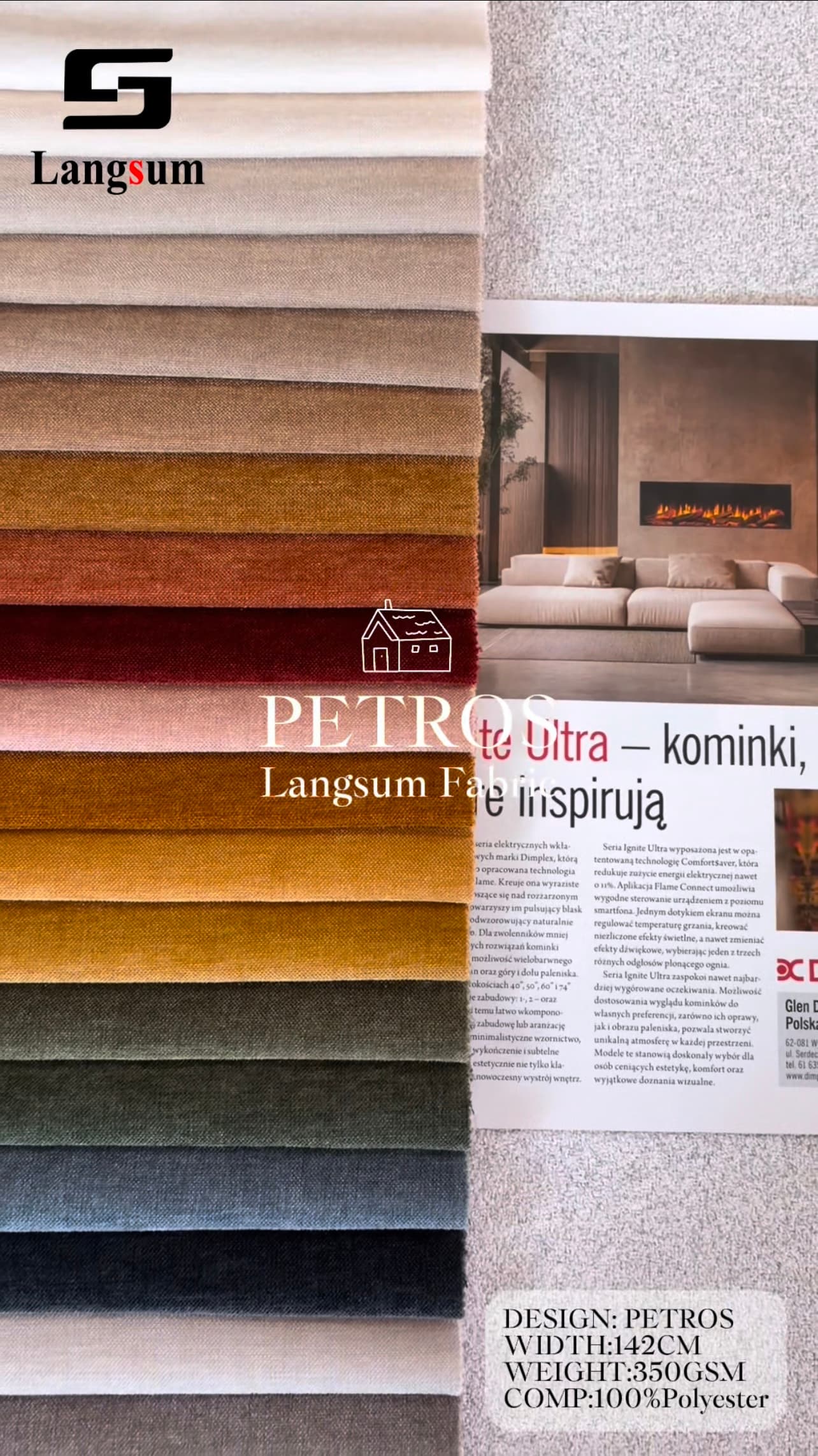 PETROS Linen Look Fabric Polyester Upholstery Fabric – 350gsm, 56" Wide, 20 Colors Langsum Fabric