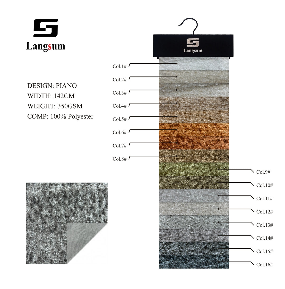 PIANO Mottled-Texture Polyester Upholstery Fabric – 350gsm, 56" Wide, 16 Colors Langsum Fabric