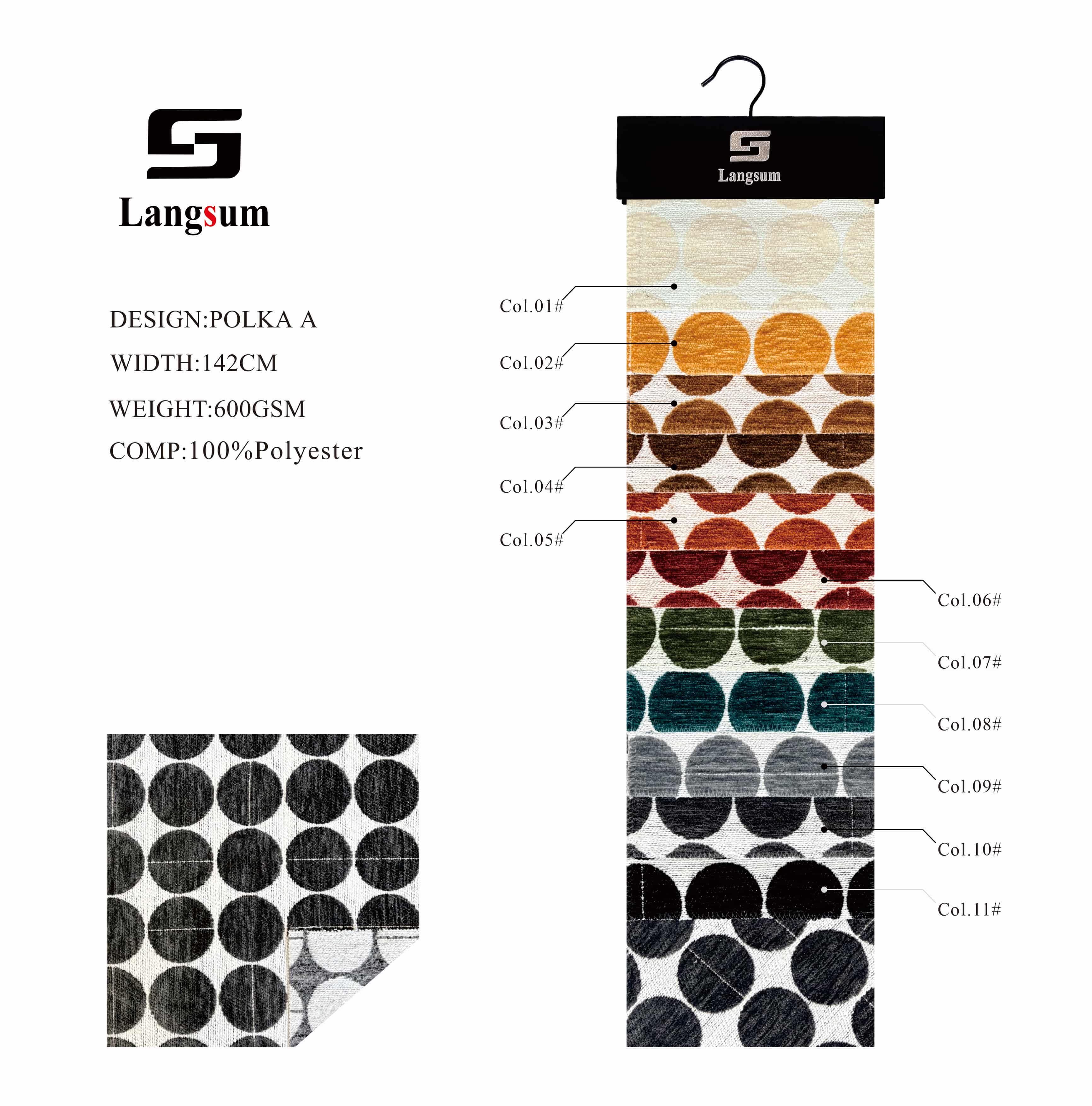 POLKA Chenille Fabric Woven Jacquard Fabric – 600gsm, 56" Wide, 11 Colors Langsum Fabric
