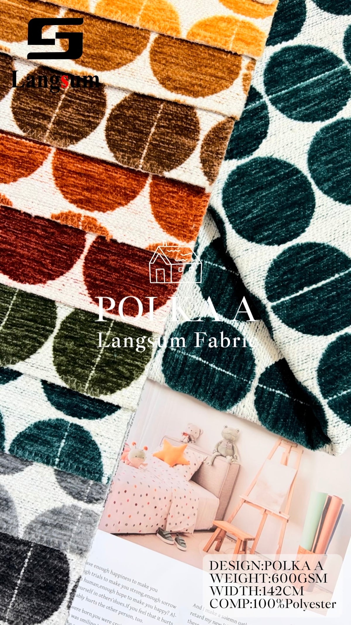 POLKA A Polka-Dot Polyester Upholstery Fabric – 600gsm, 56" Wide, 11 Colors Langsum Fabric
