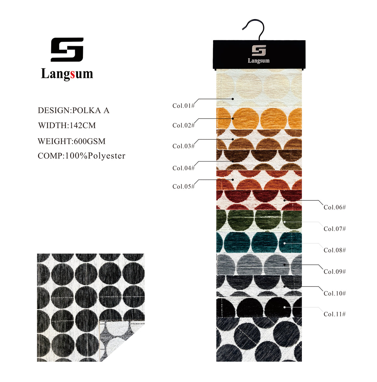 POLKA A Polka-Dot Polyester Upholstery Fabric – 600gsm, 56" Wide, 11 Colors Langsum Fabric