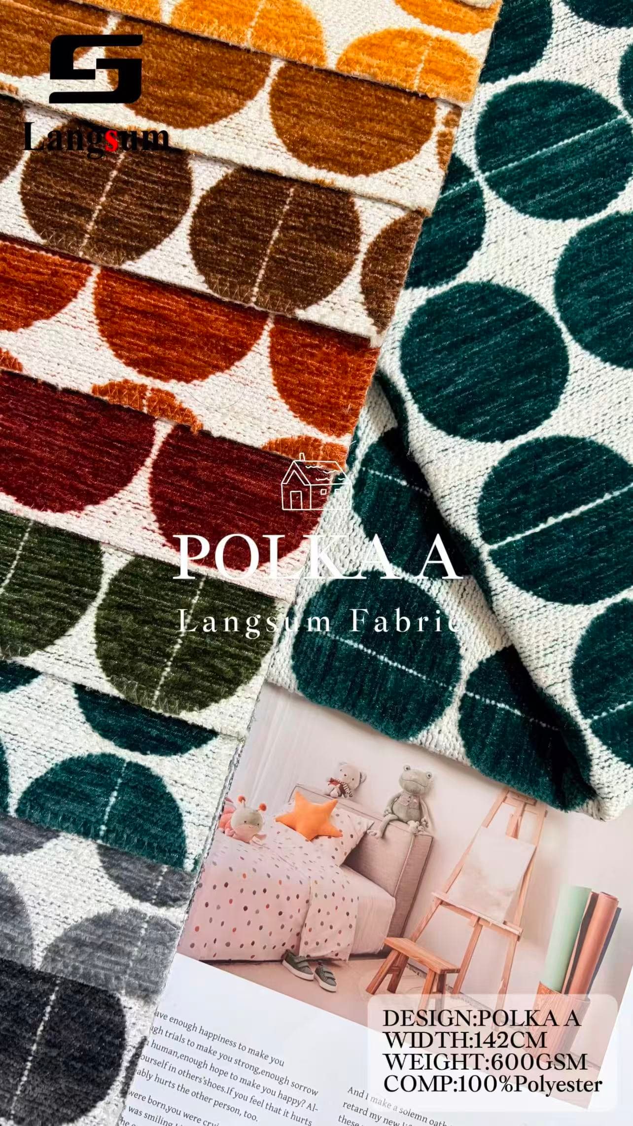 POLKA Chenille Fabric Woven Jacquard Fabric – 600gsm, 56" Wide, 11 Colors Langsum Fabric