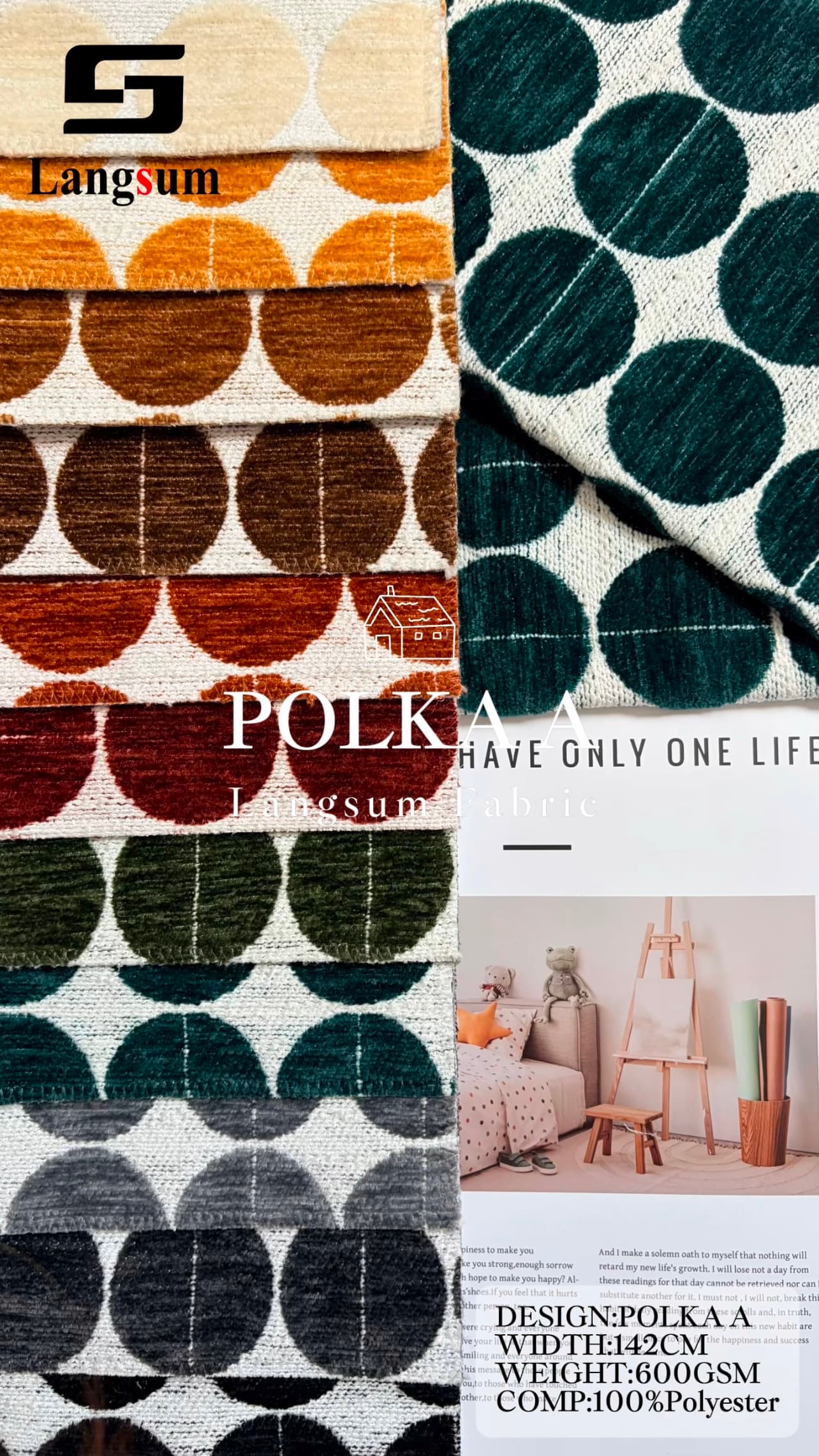 POLKA Chenille Fabric Woven Jacquard Fabric – 600gsm, 56" Wide, 11 Colors Langsum Fabric